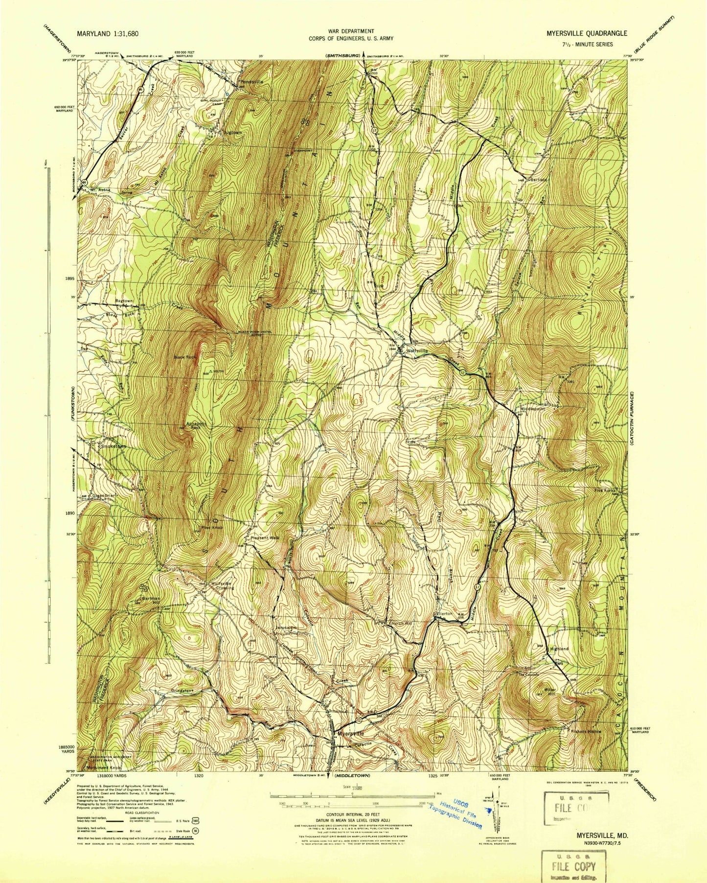 Classic USGS Myersville Maryland 7.5'x7.5' Topo Map Image