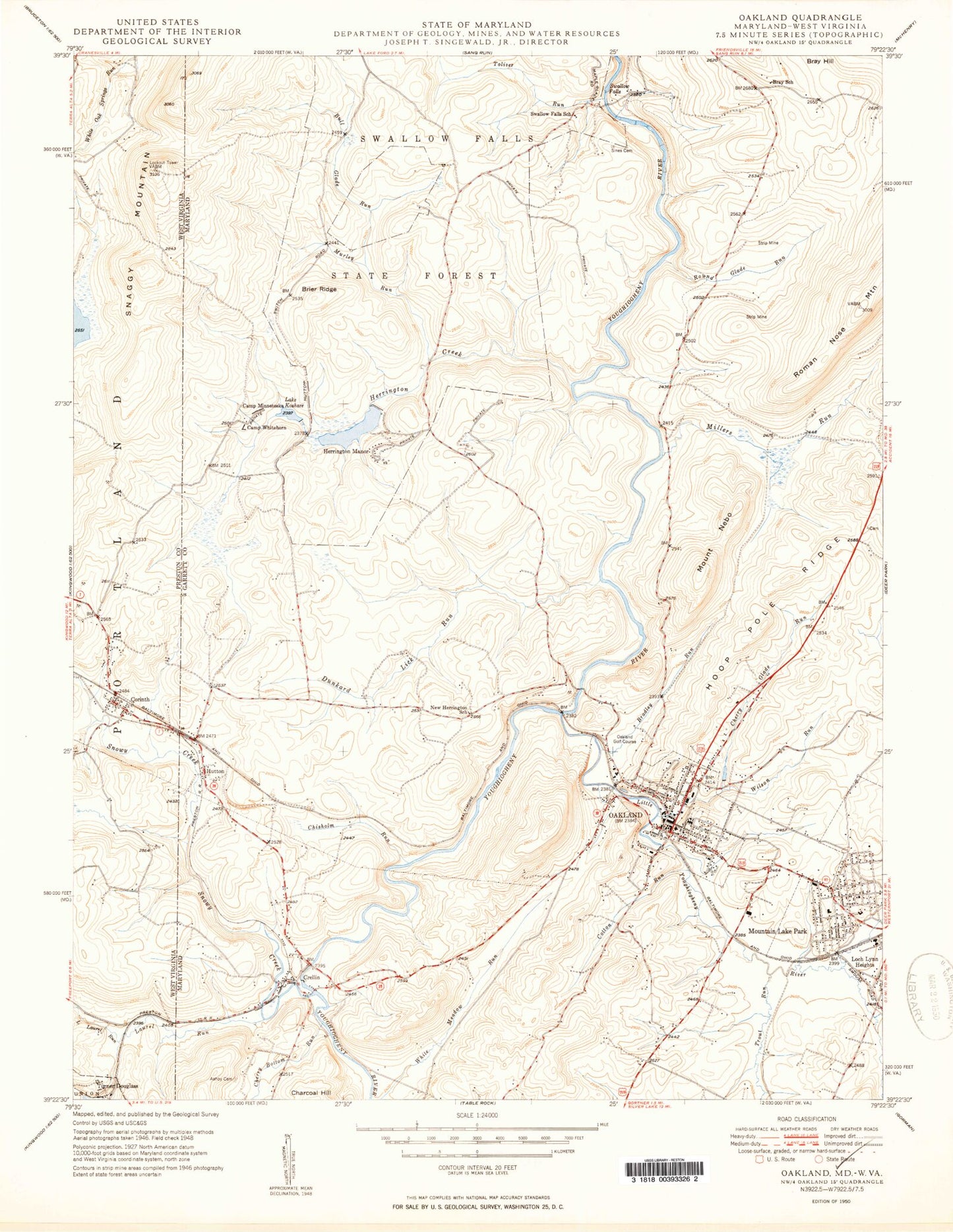 Classic USGS Oakland Maryland 7.5'x7.5' Topo Map Image