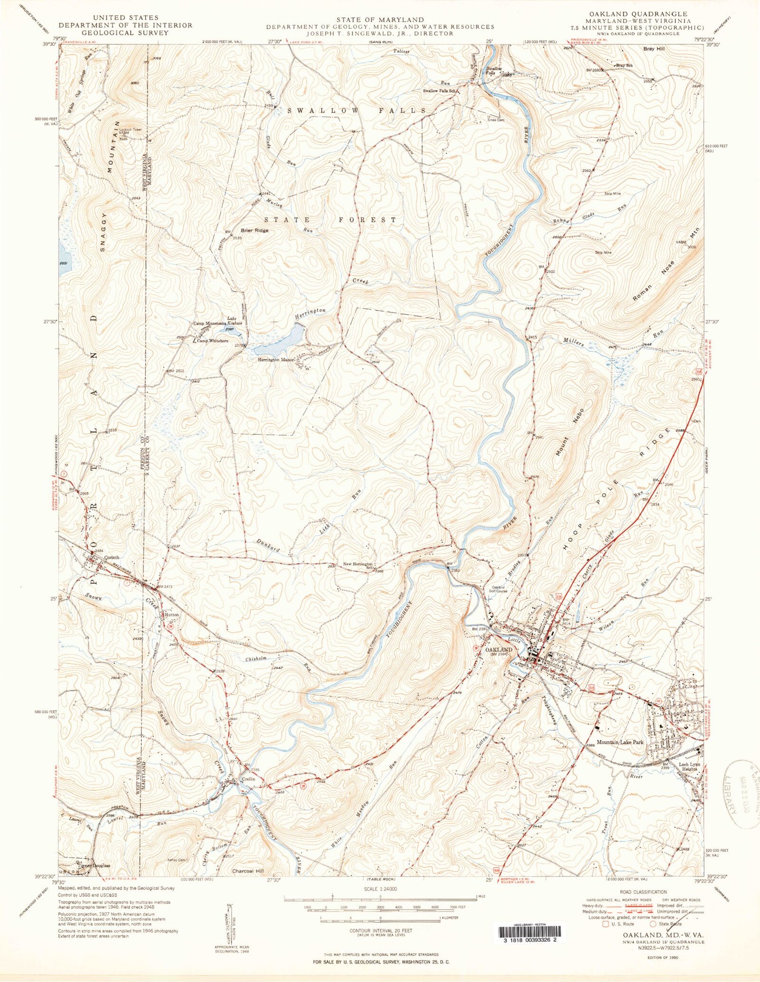 Classic USGS Oakland Maryland 7.5'x7.5' Topo Map Image