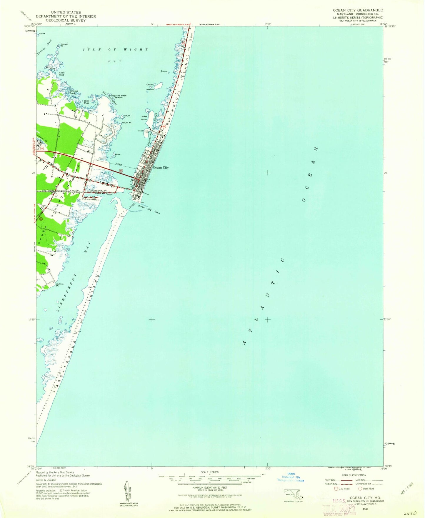 Classic USGS Ocean City Maryland 7.5'x7.5' Topo Map Image