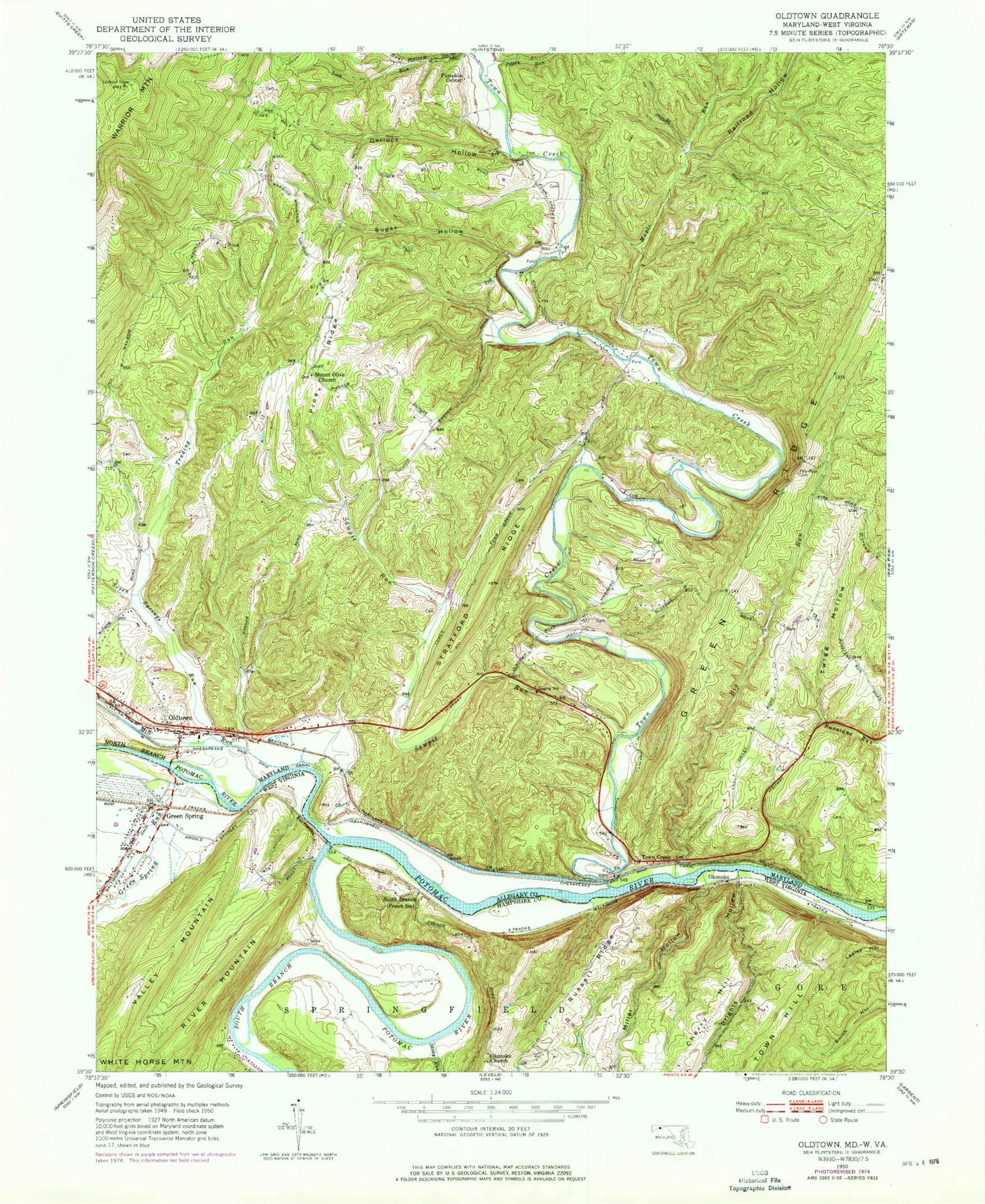 Classic USGS Oldtown Maryland 7.5'x7.5' Topo Map Image