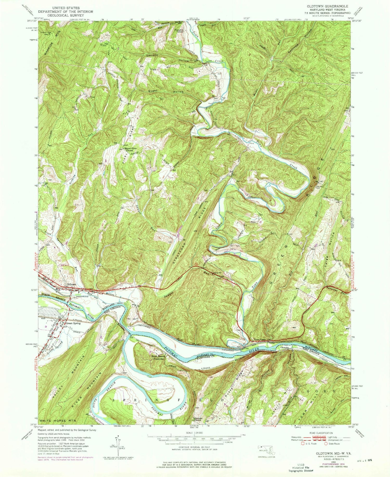Classic USGS Oldtown Maryland 7.5'x7.5' Topo Map Image