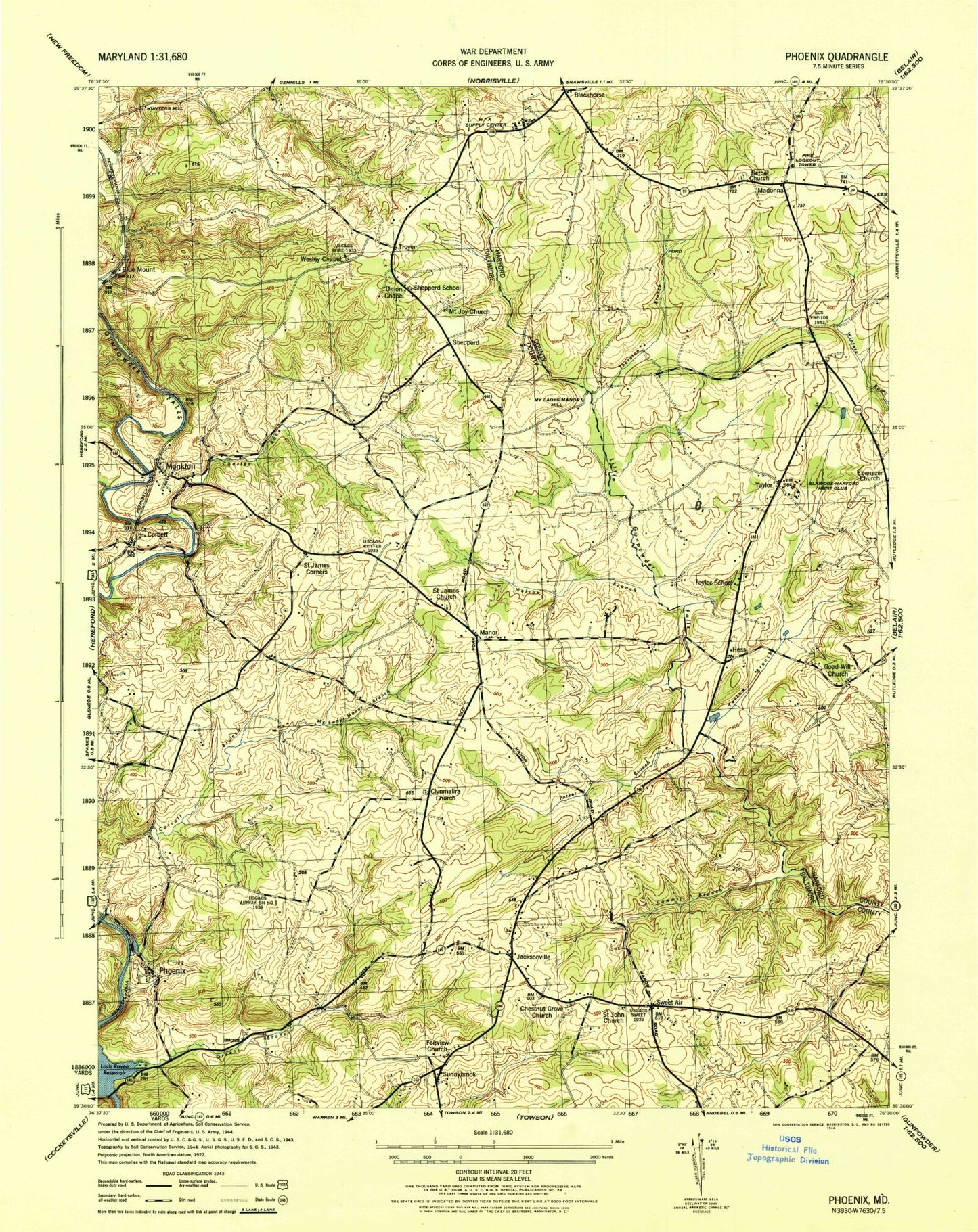 Classic USGS Phoenix Maryland 7.5'x7.5' Topo Map Image