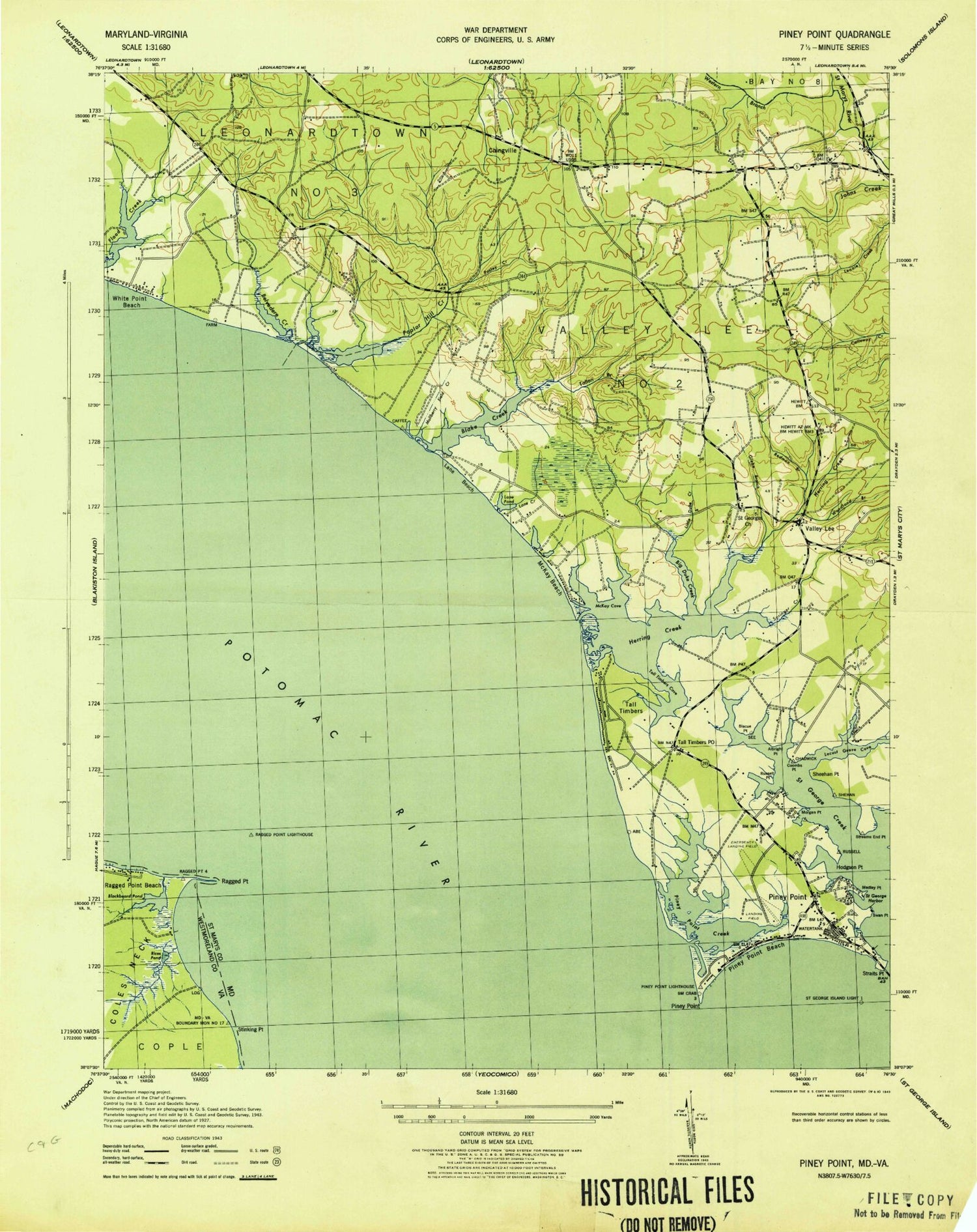 Classic USGS Piney Point Maryland 7.5'x7.5' Topo Map Image