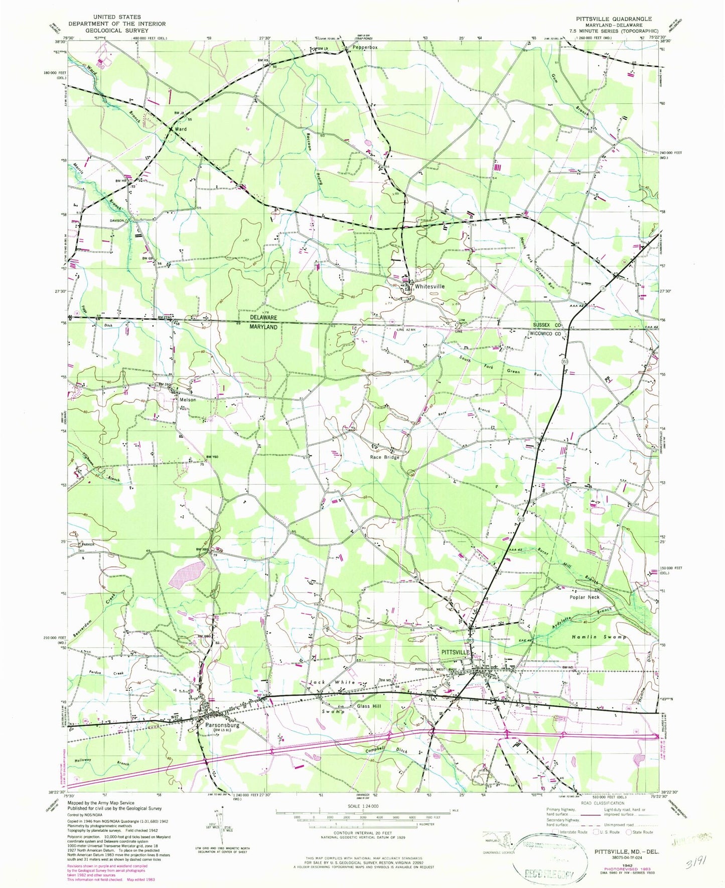 Classic USGS Pittsville Maryland 7.5'x7.5' Topo Map Image