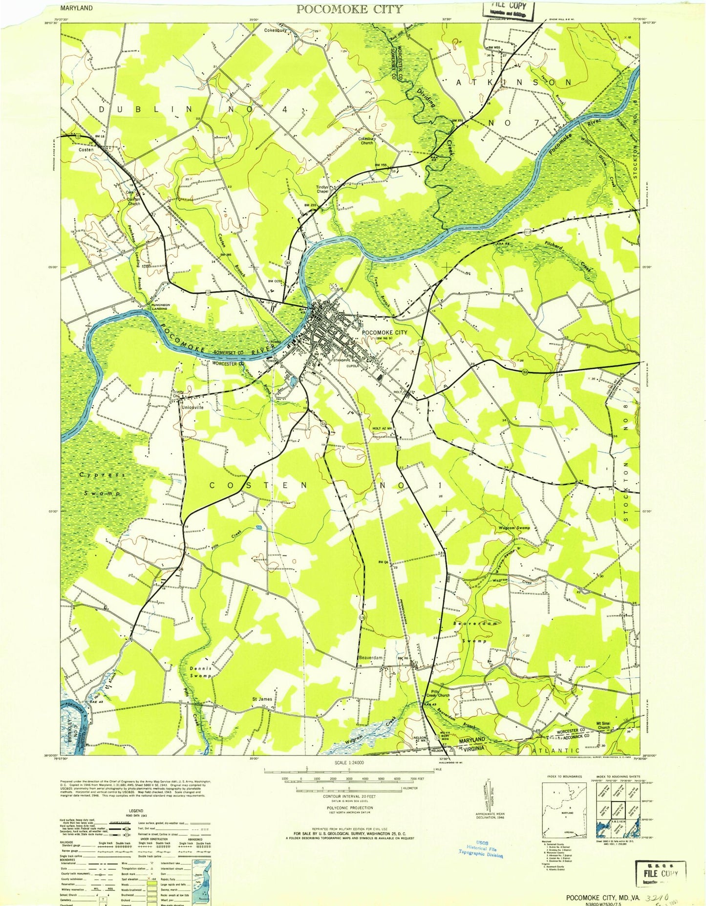Classic USGS Pocomoke City Maryland 7.5'x7.5' Topo Map Image