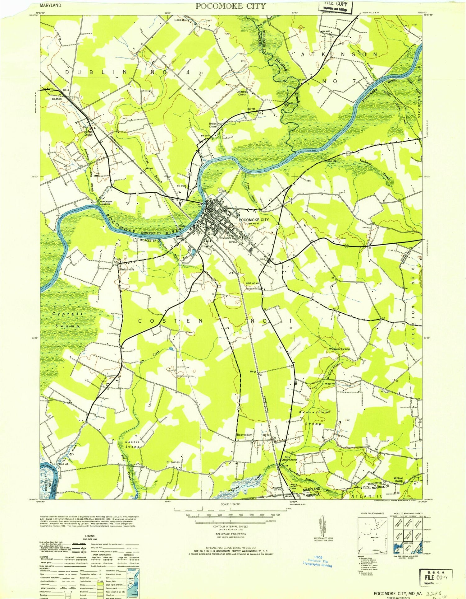 Classic USGS Pocomoke City Maryland 7.5'x7.5' Topo Map Image