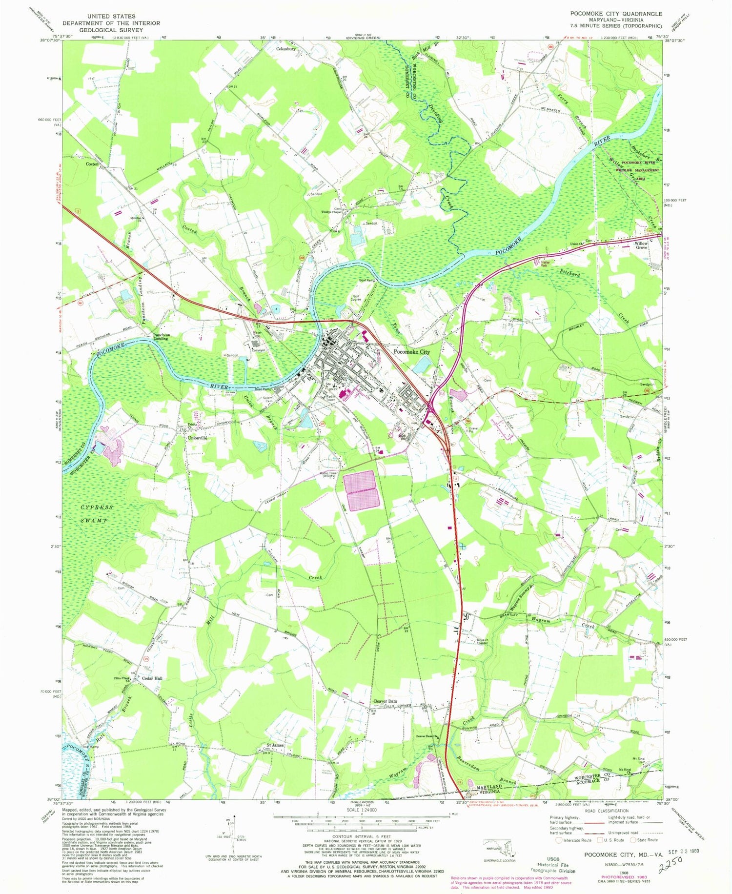 Classic USGS Pocomoke City Maryland 7.5'x7.5' Topo Map Image