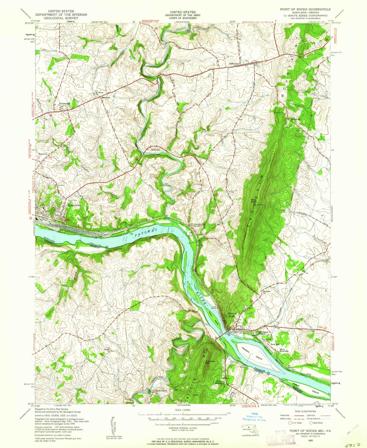 Classic USGS Point of Rocks Maryland 7.5'x7.5' Topo Map Image