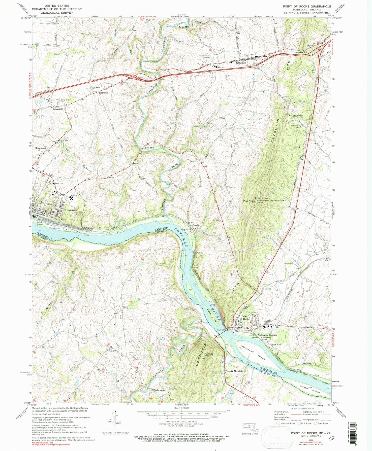 Classic USGS Point of Rocks Maryland 7.5'x7.5' Topo Map Image