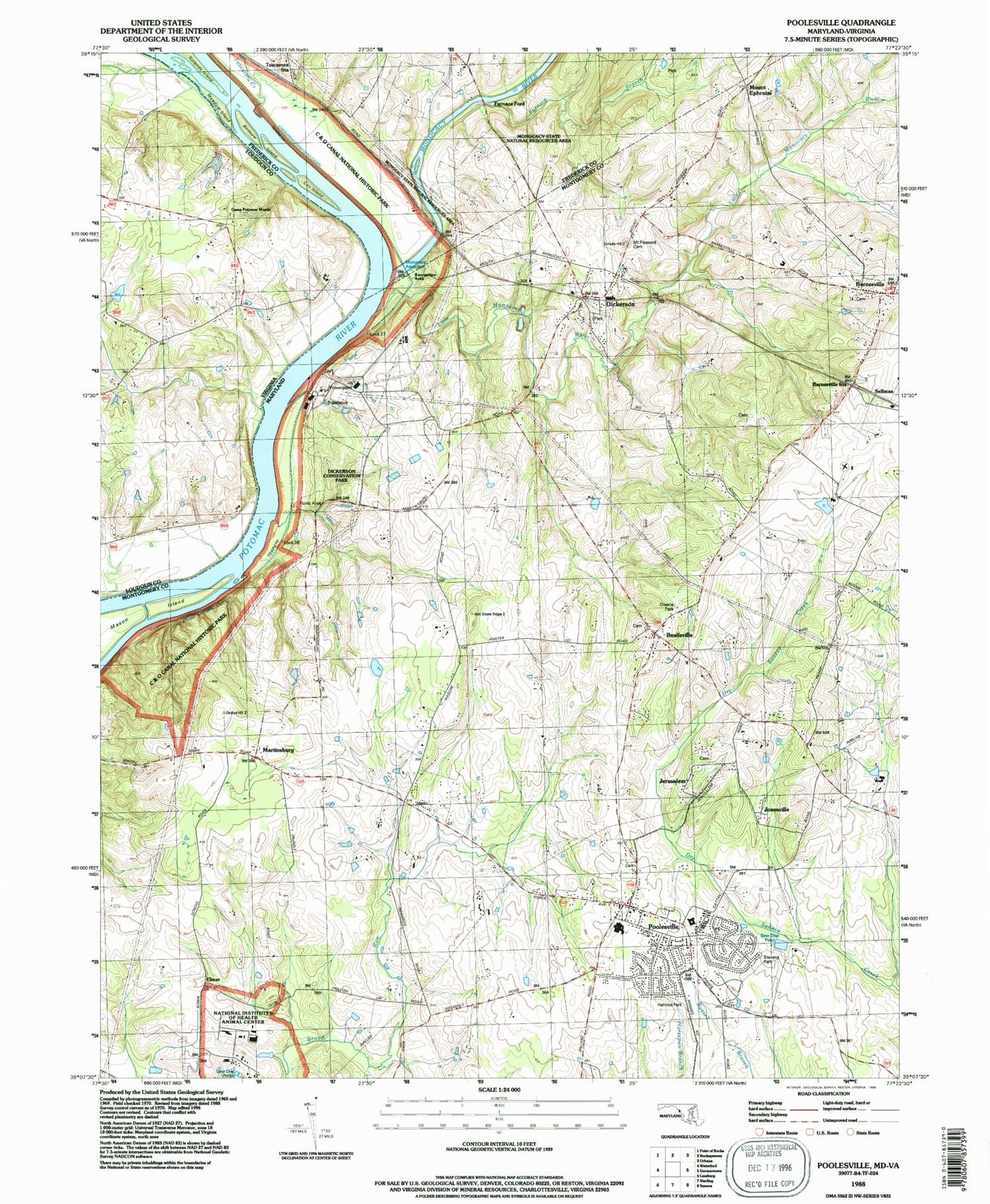 Classic USGS Poolesville Maryland 7.5'x7.5' Topo Map Image