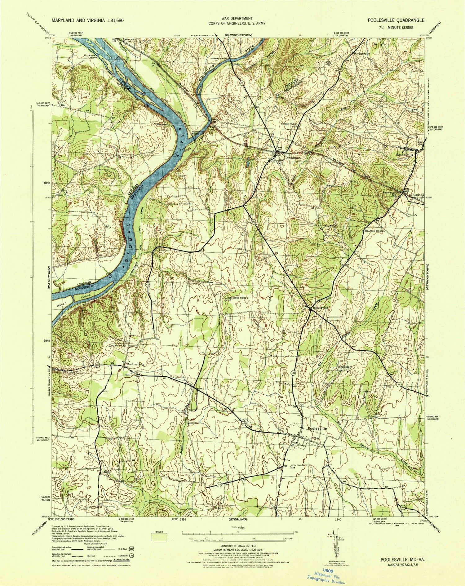 Classic USGS Poolesville Maryland 7.5'x7.5' Topo Map Image