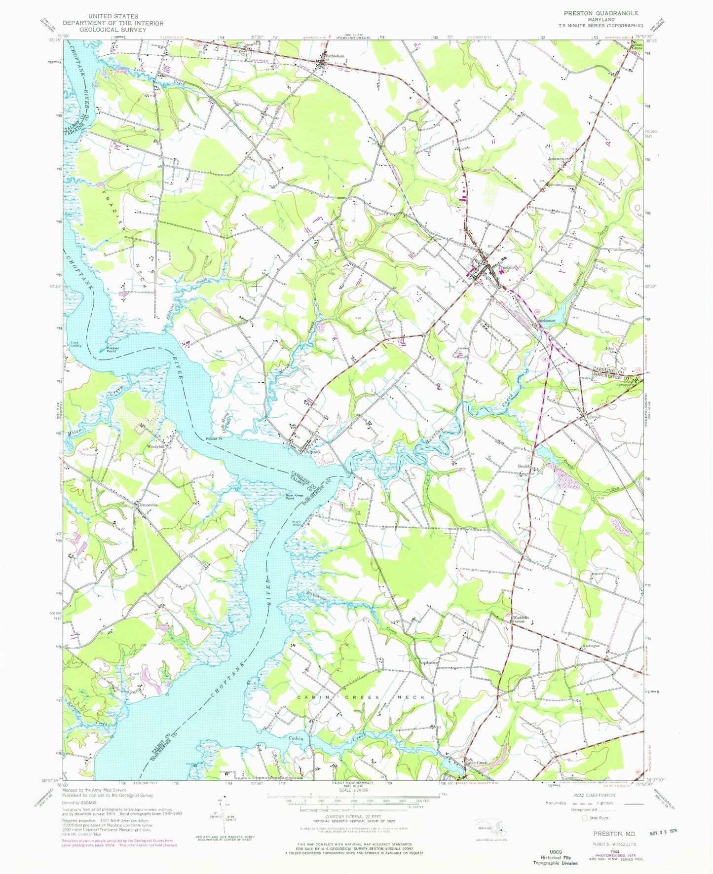 Classic USGS Preston Maryland 7.5'x7.5' Topo Map Image