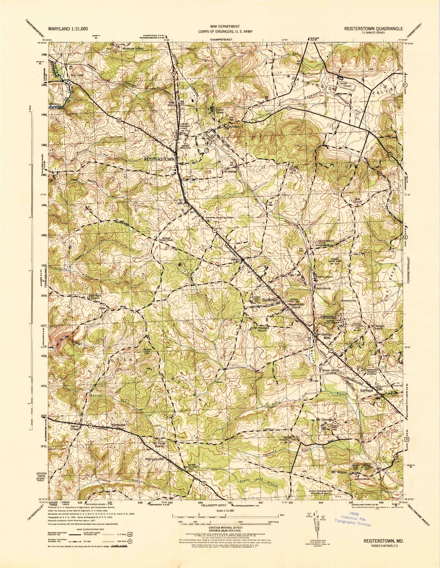 Classic USGS Reisterstown Maryland 7.5'x7.5' Topo Map Image