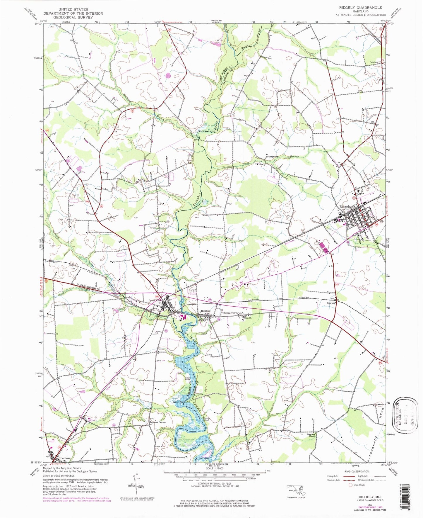Classic USGS Ridgely Maryland 7.5'x7.5' Topo Map Image