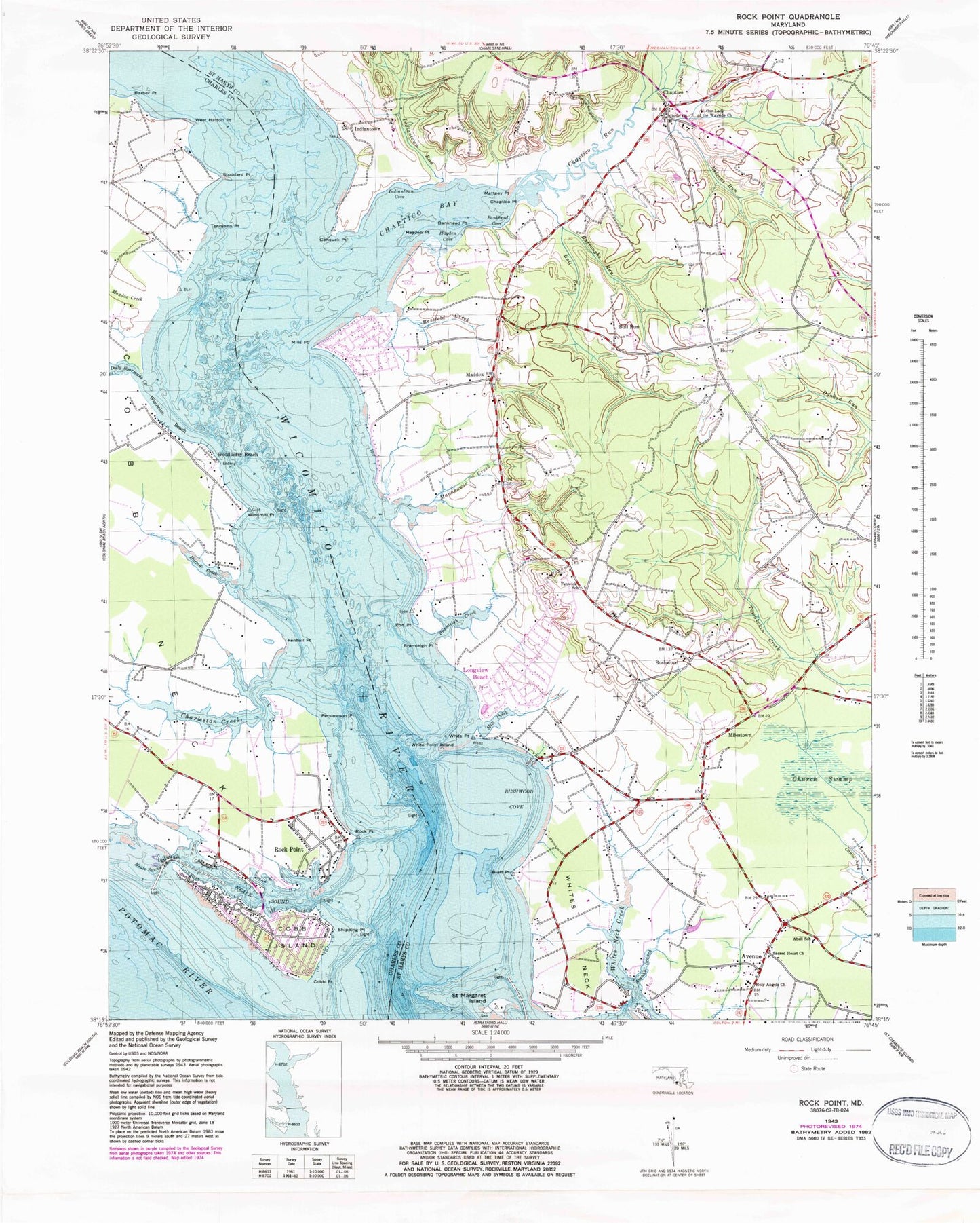 Classic USGS Rock Point Maryland 7.5'x7.5' Topo Map Image