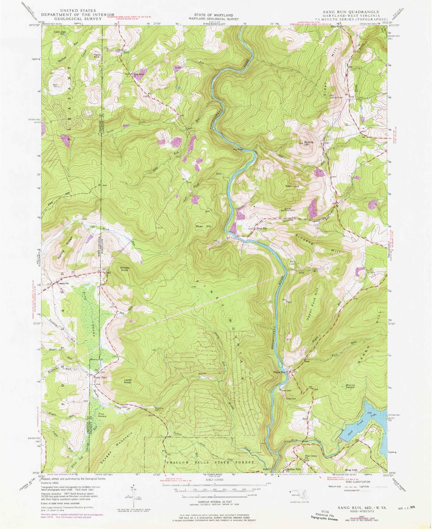 Classic USGS Sang Run Maryland 7.5'x7.5' Topo Map Image