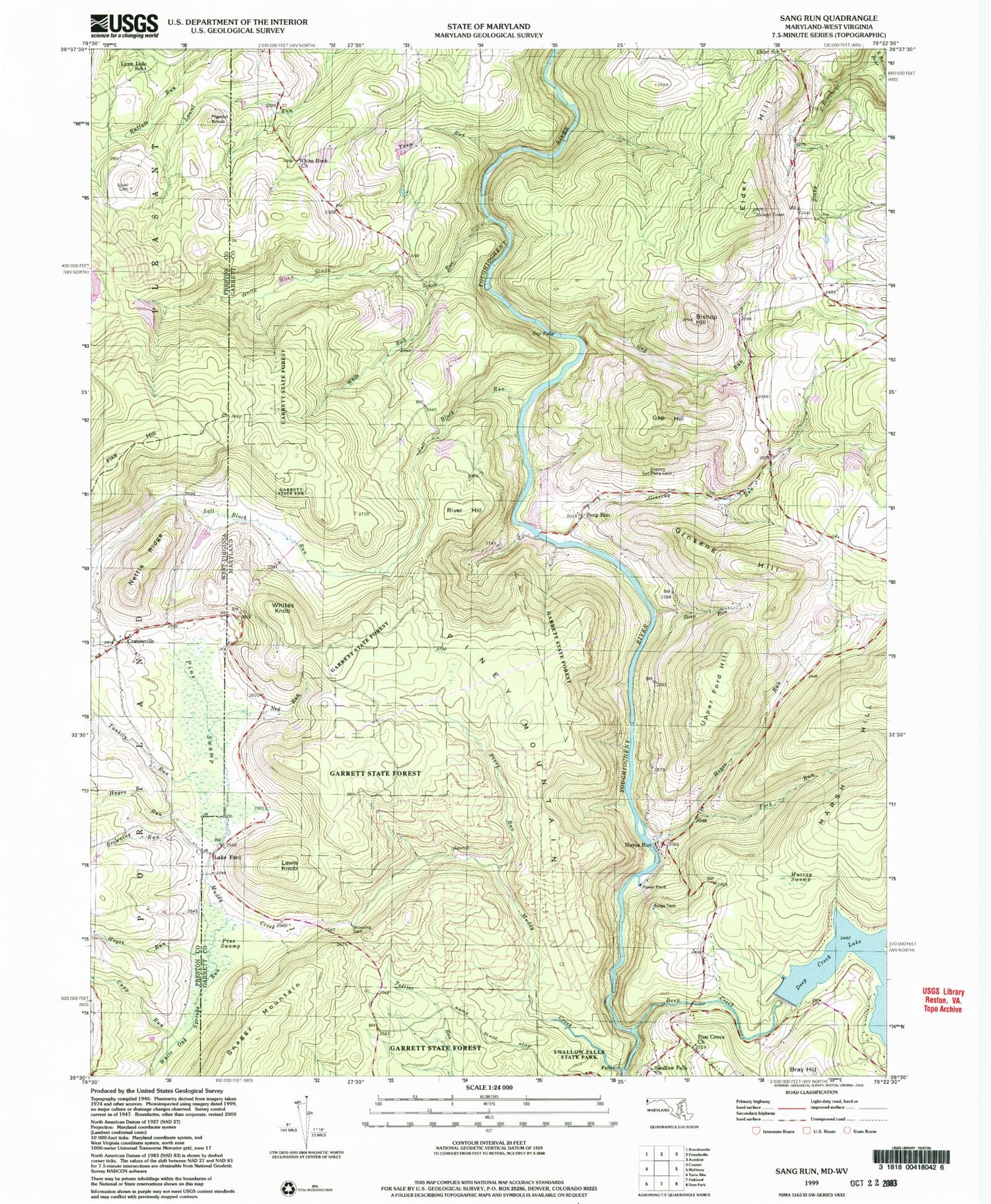 Classic USGS Sang Run Maryland 7.5'x7.5' Topo Map Image