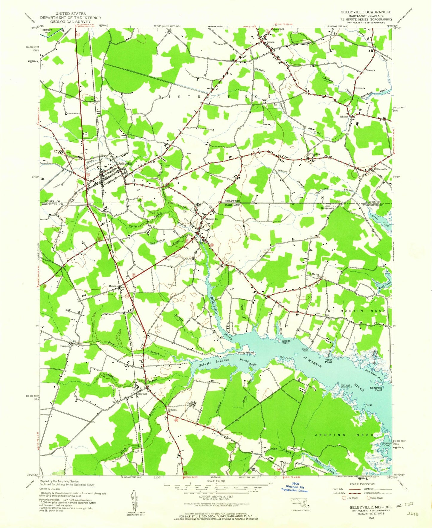 Classic USGS Selbyville Delaware 7.5'x7.5' Topo Map Image