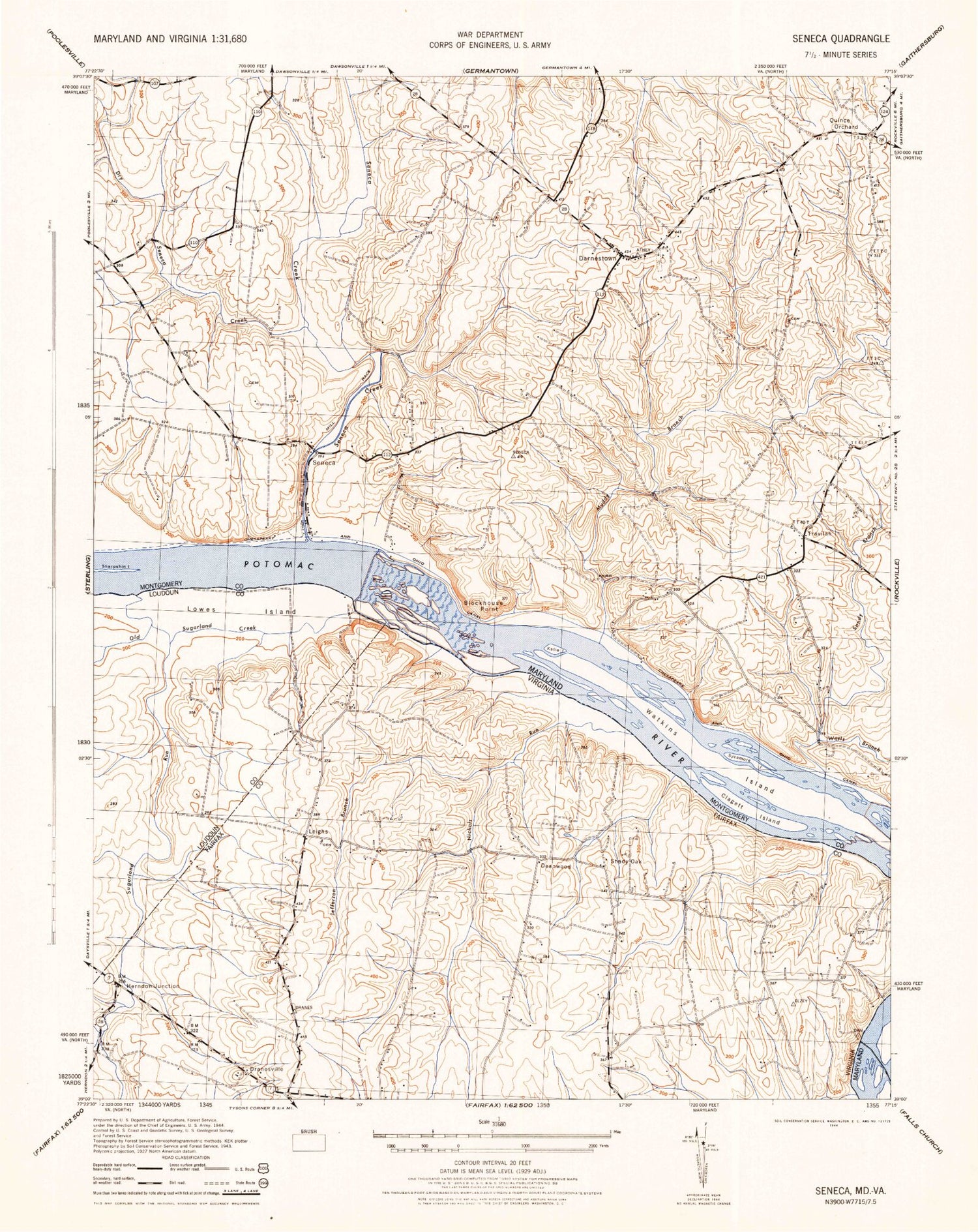Classic USGS Seneca Maryland 7.5'x7.5' Topo Map Image