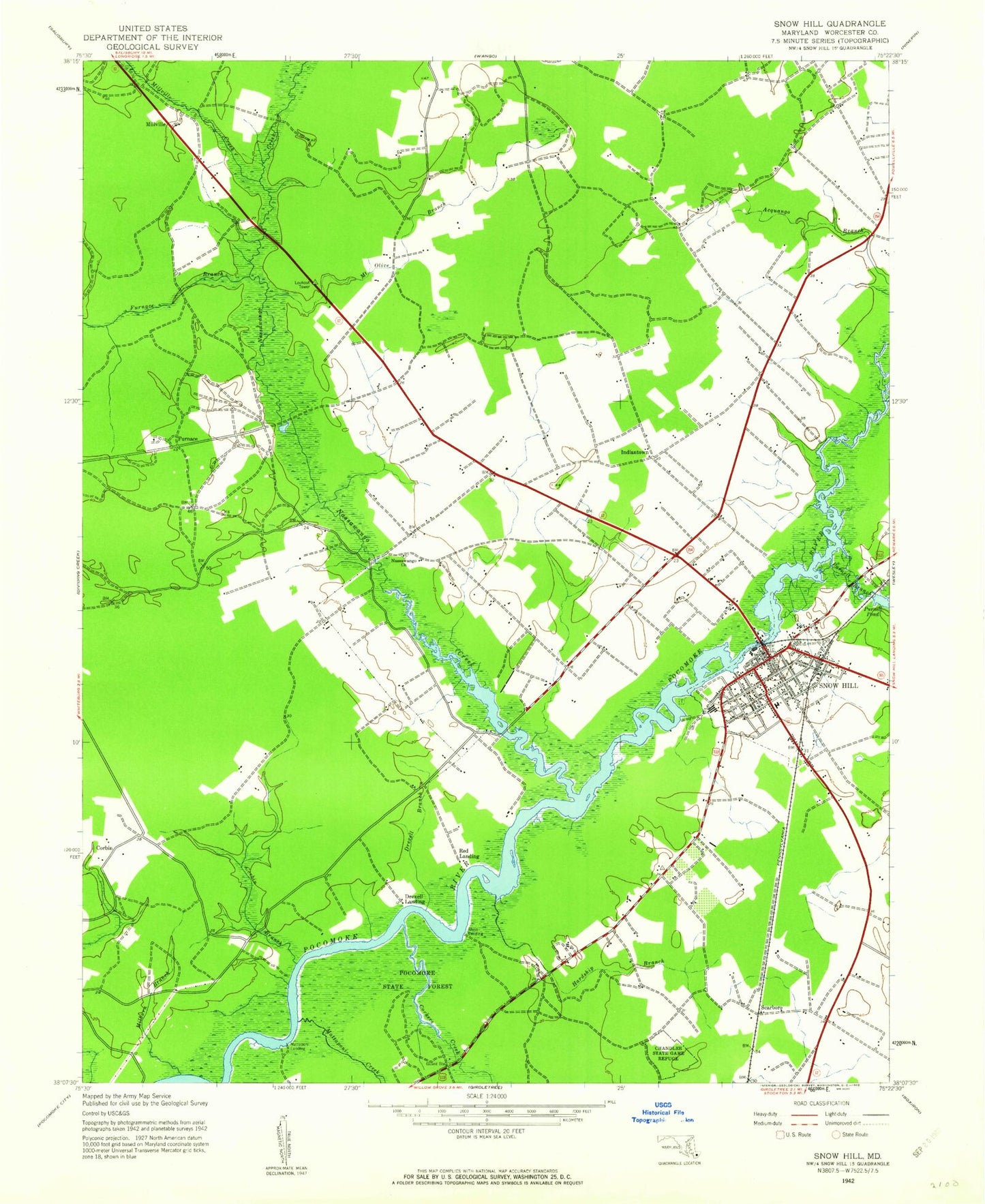 Classic USGS Snow Hill Maryland 7.5'x7.5' Topo Map Image