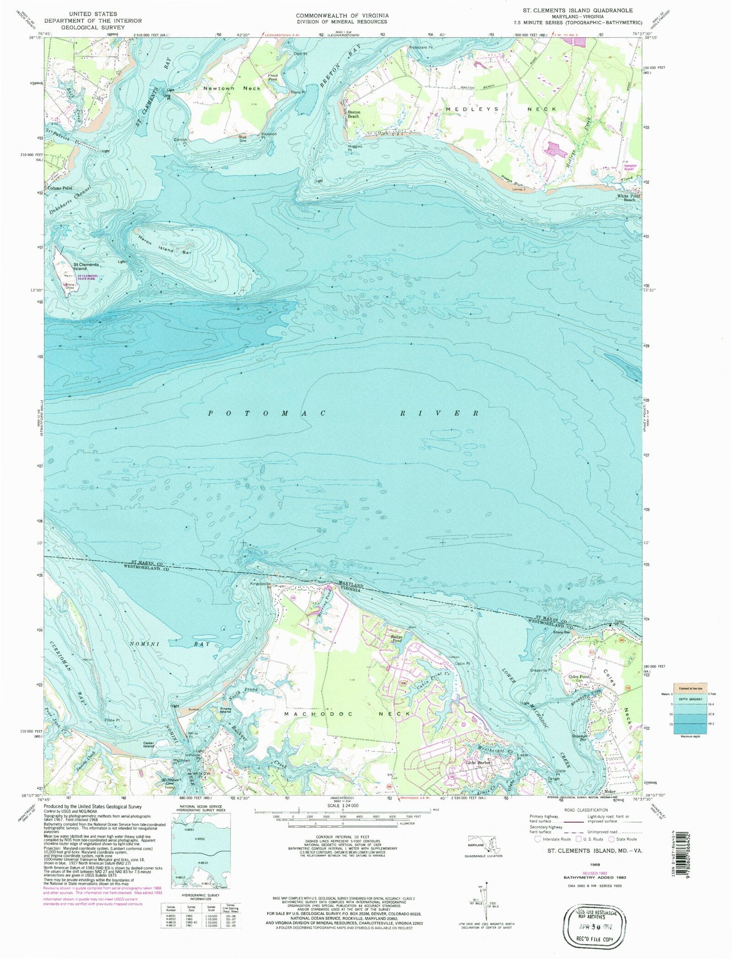 Classic USGS Saint Clements Island Maryland 7.5'x7.5' Topo Map Image