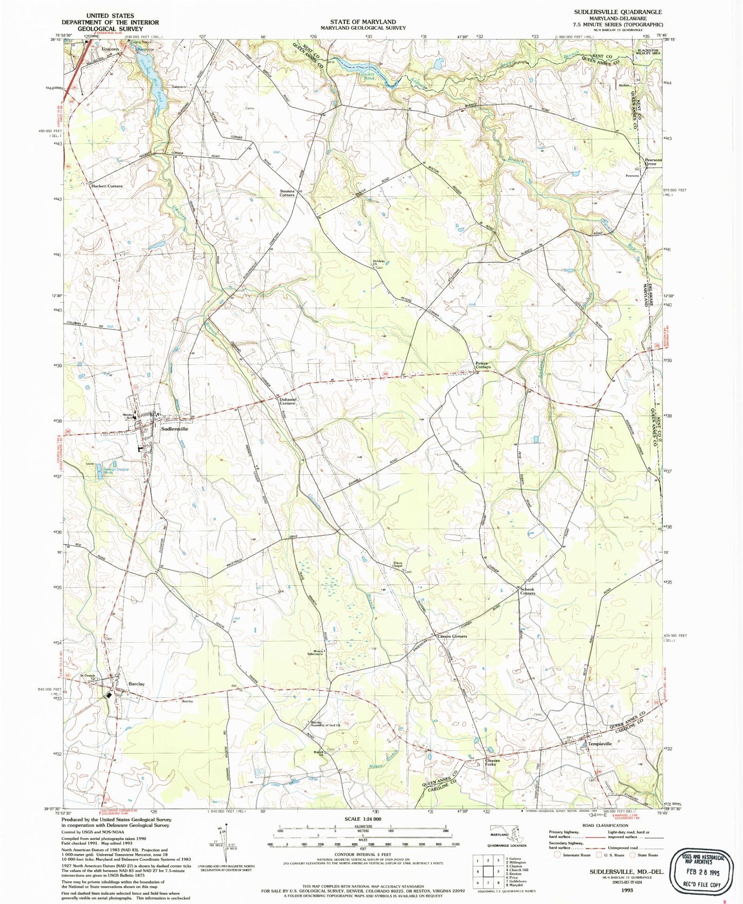 Classic USGS Sudlersville Maryland 7.5'x7.5' Topo Map Image