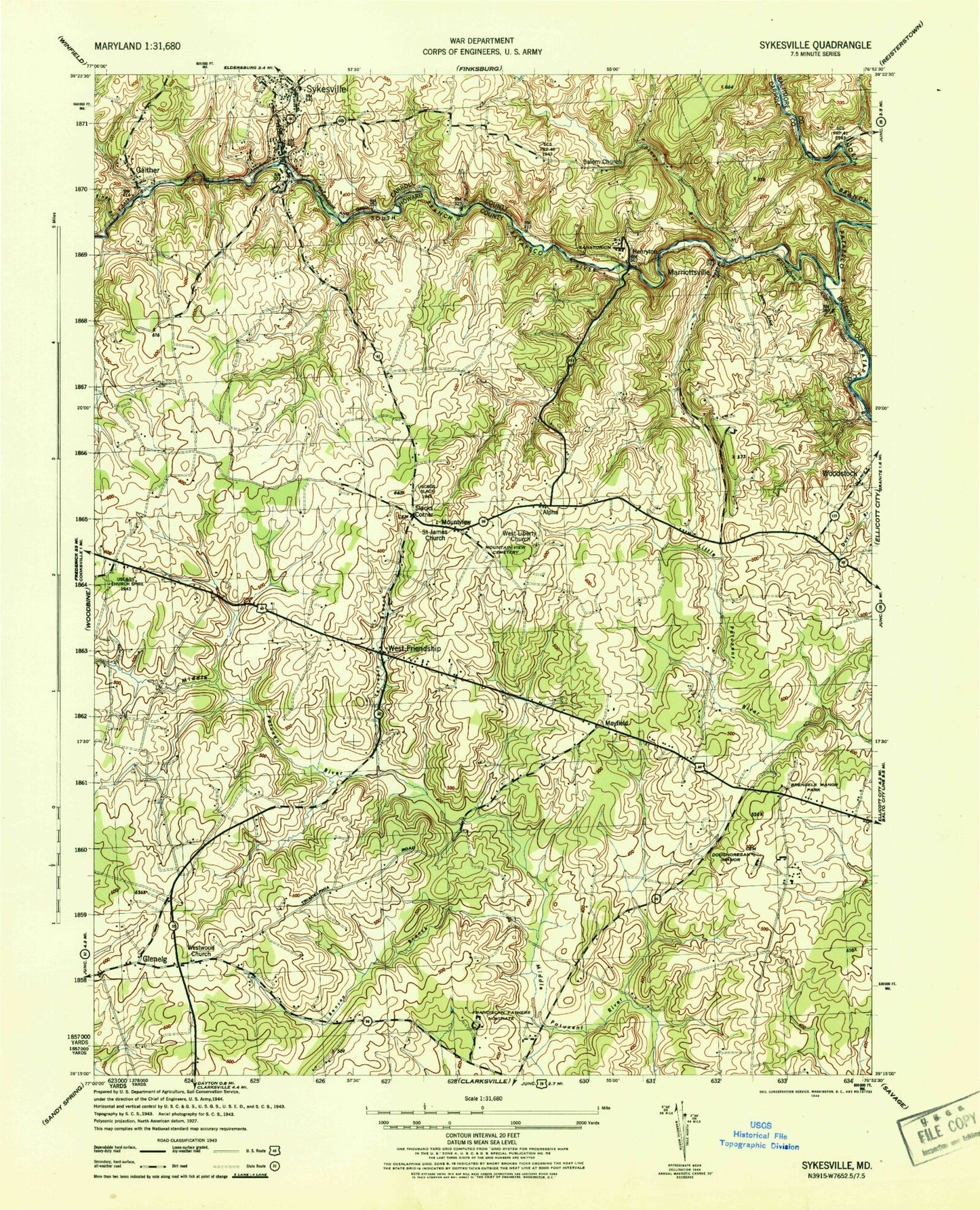 Classic USGS Sykesville Maryland 7.5'x7.5' Topo Map Image
