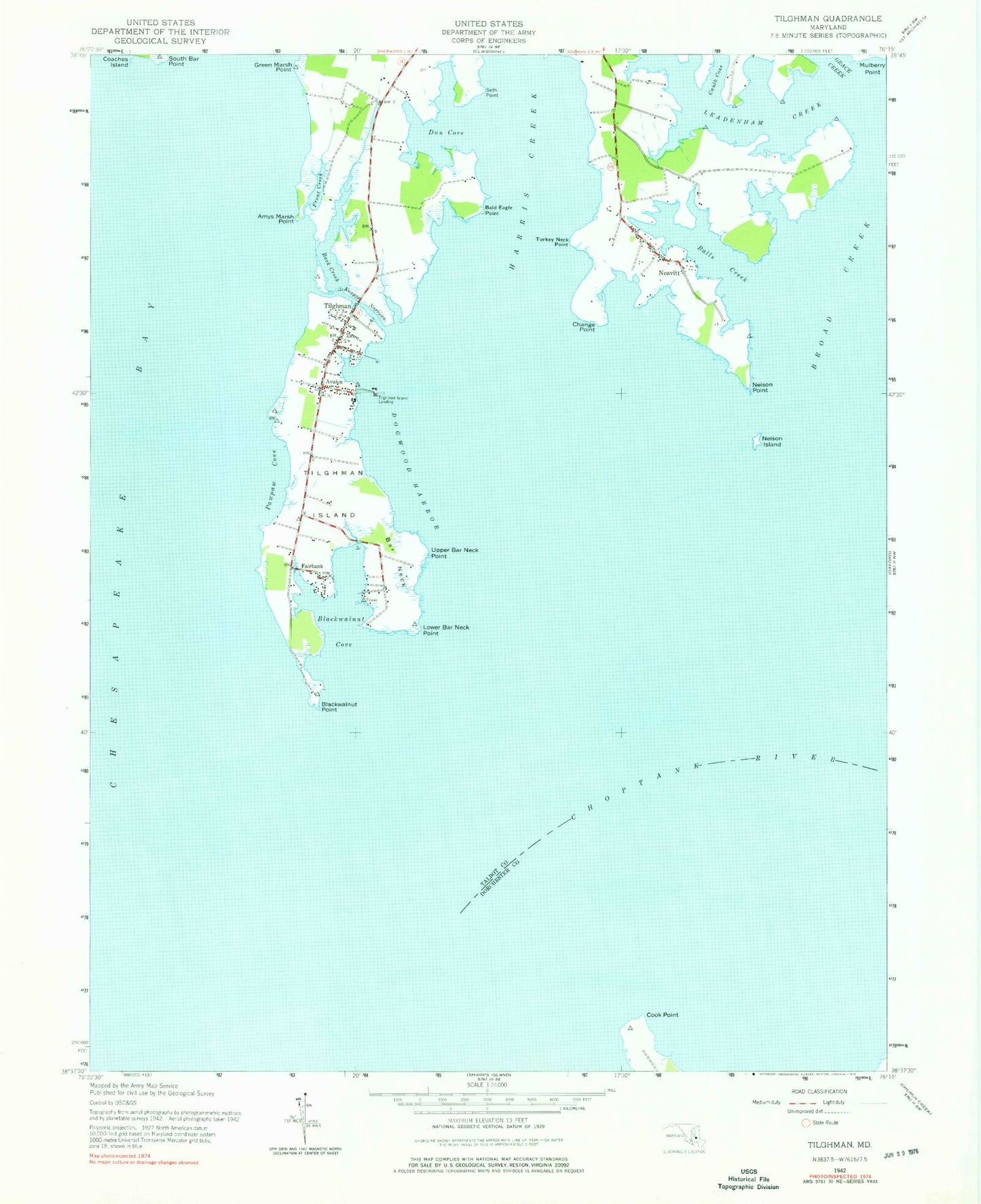 Classic USGS Tilghman Maryland 7.5'x7.5' Topo Map Image