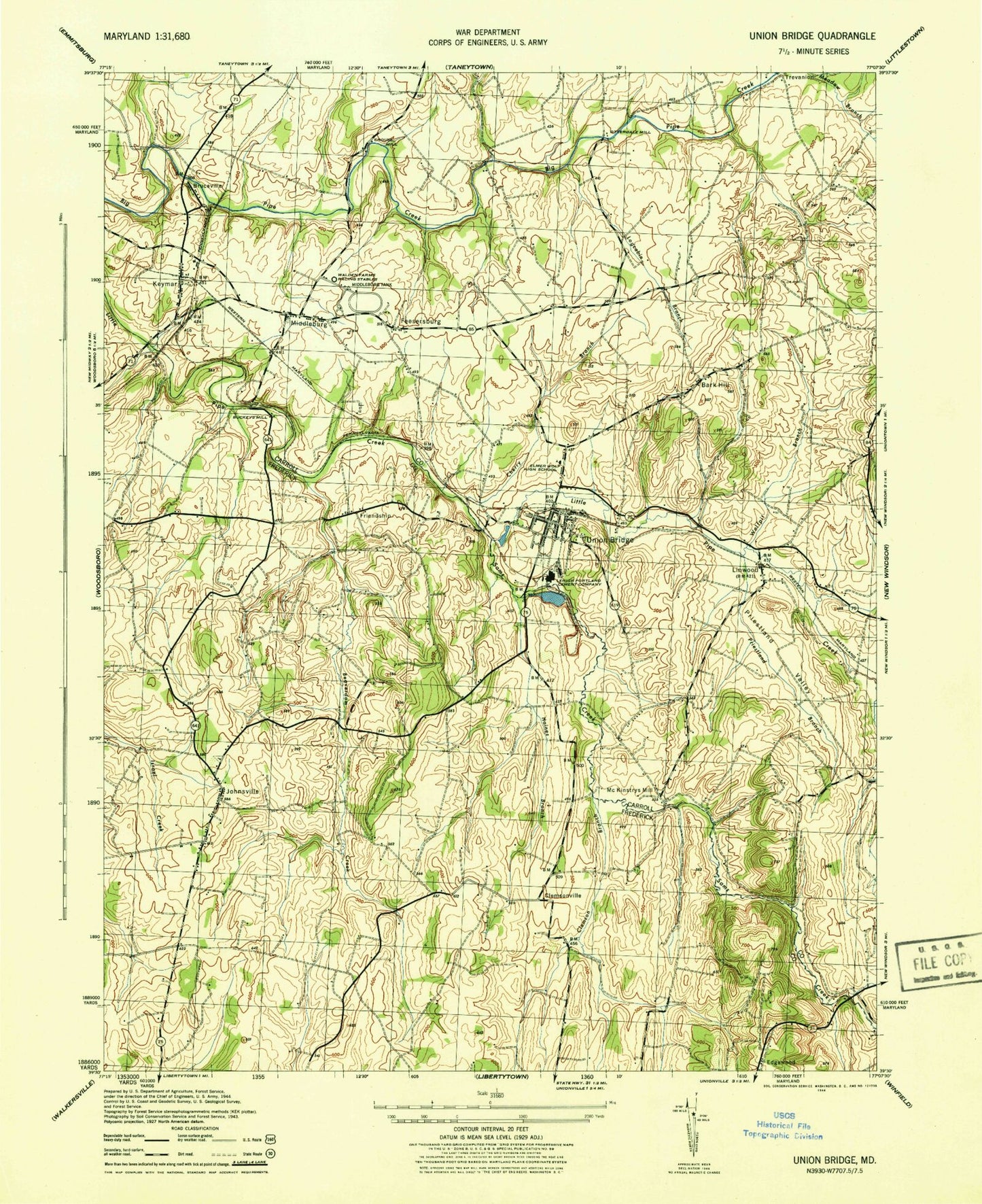 Classic USGS Union Bridge Maryland 7.5'x7.5' Topo Map Image
