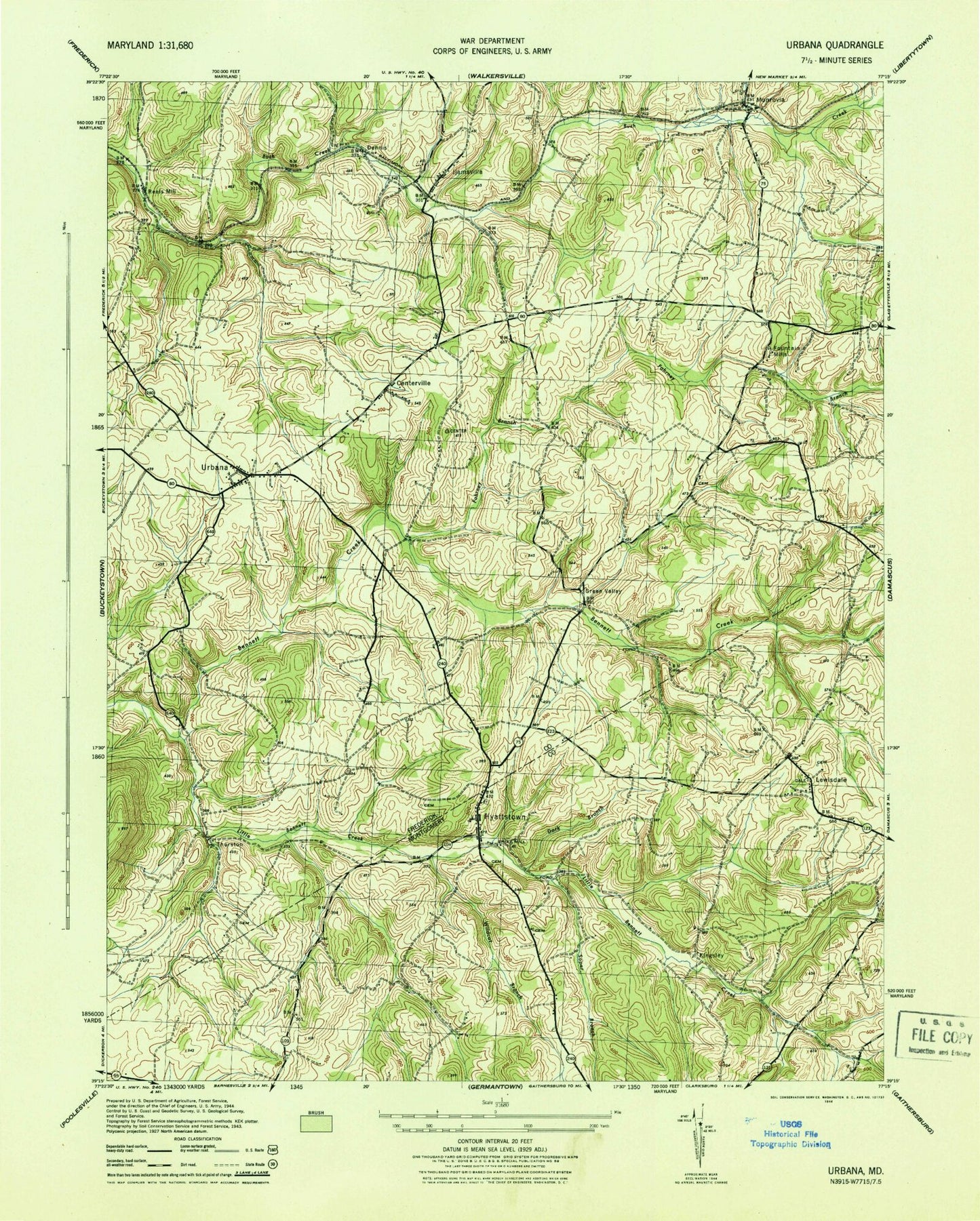Classic USGS Urbana Maryland 7.5'x7.5' Topo Map Image