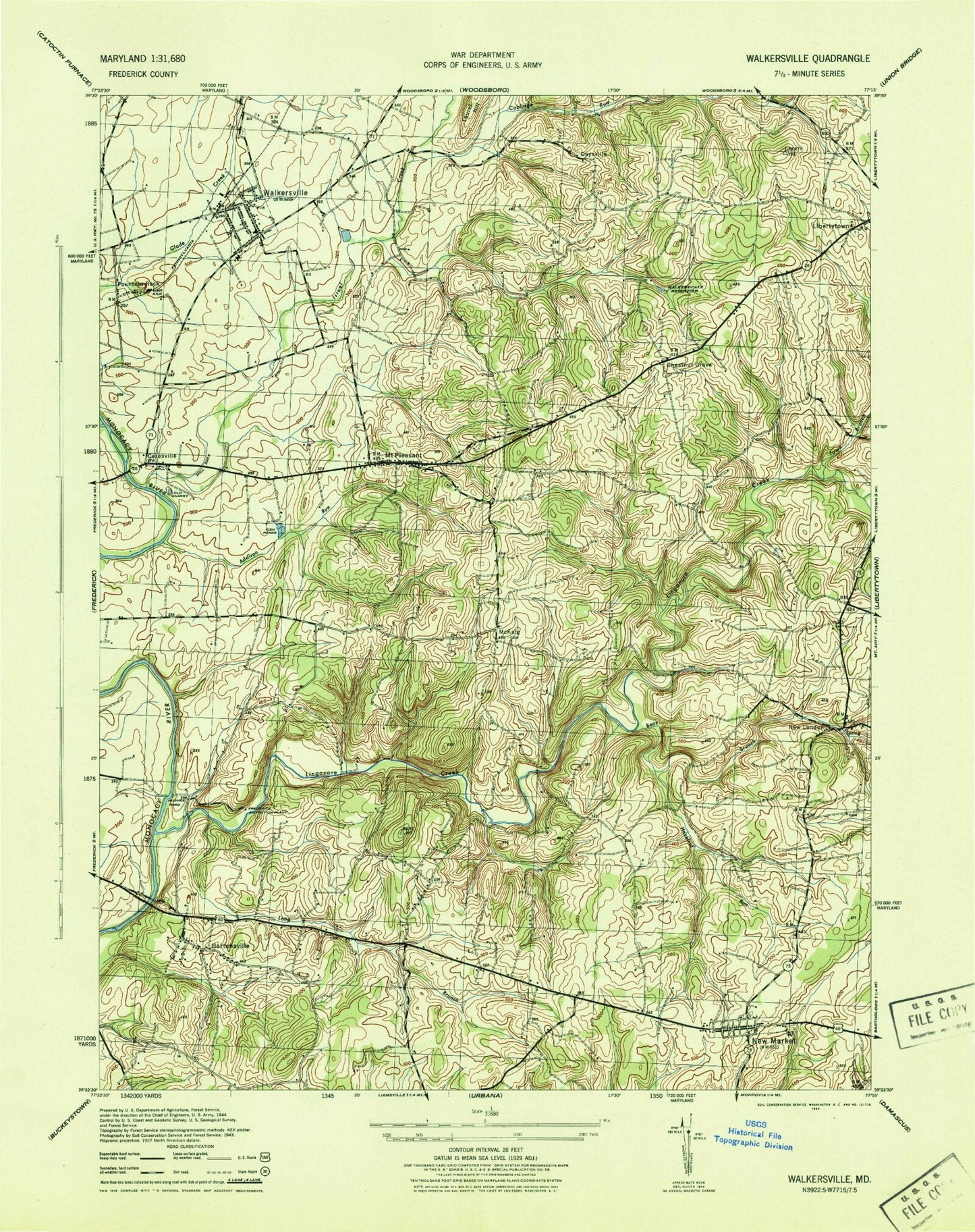 Classic USGS Walkersville Maryland 7.5'x7.5' Topo Map Image