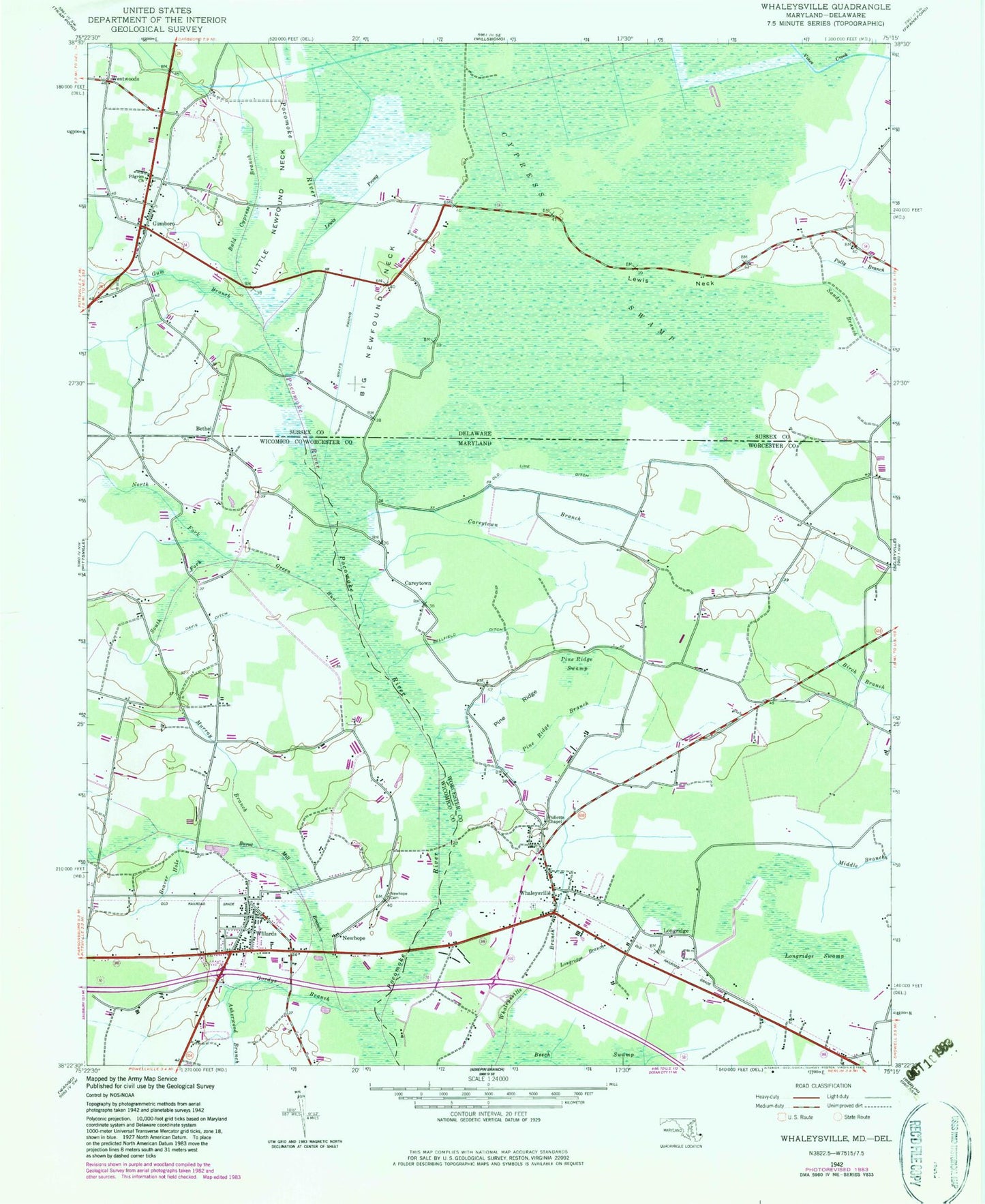 Classic USGS Whaleyville Maryland 7.5'x7.5' Topo Map Image