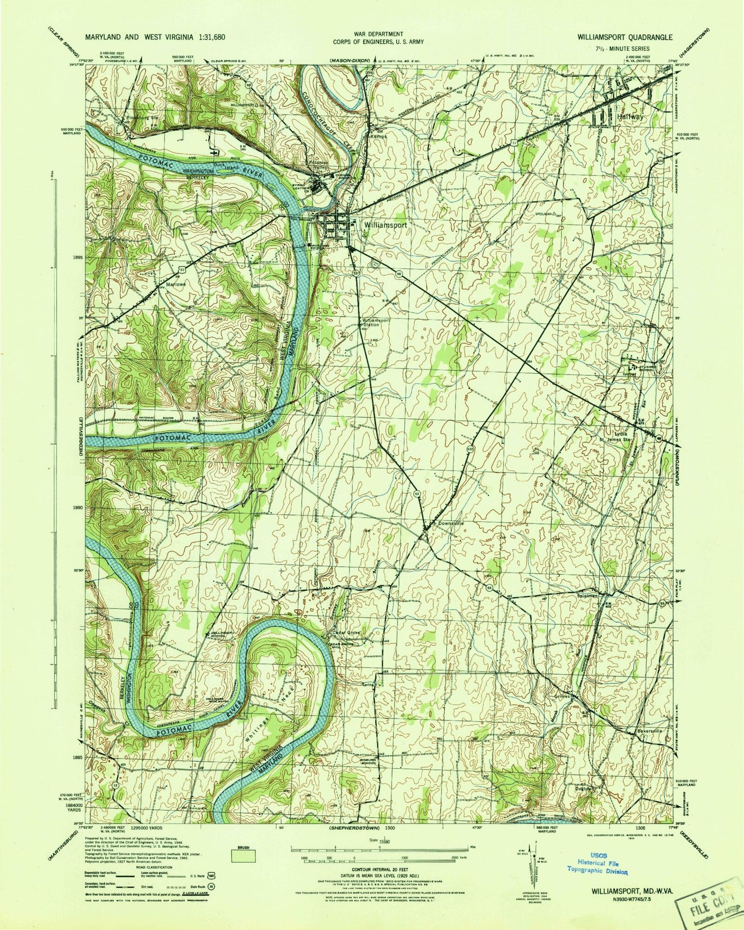 Classic USGS Williamsport Maryland 7.5'x7.5' Topo Map Image