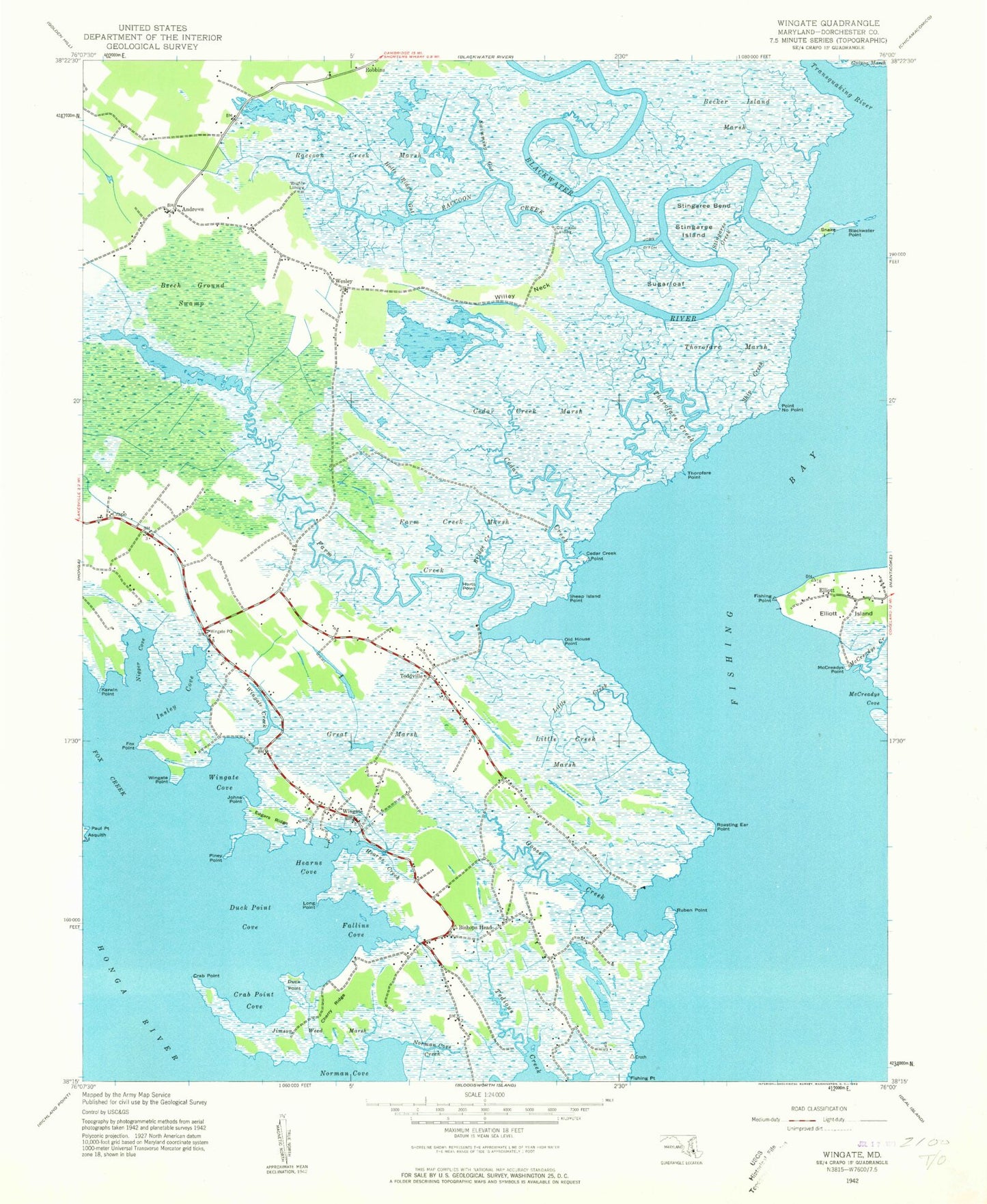 Classic USGS Wingate Maryland 7.5'x7.5' Topo Map Image