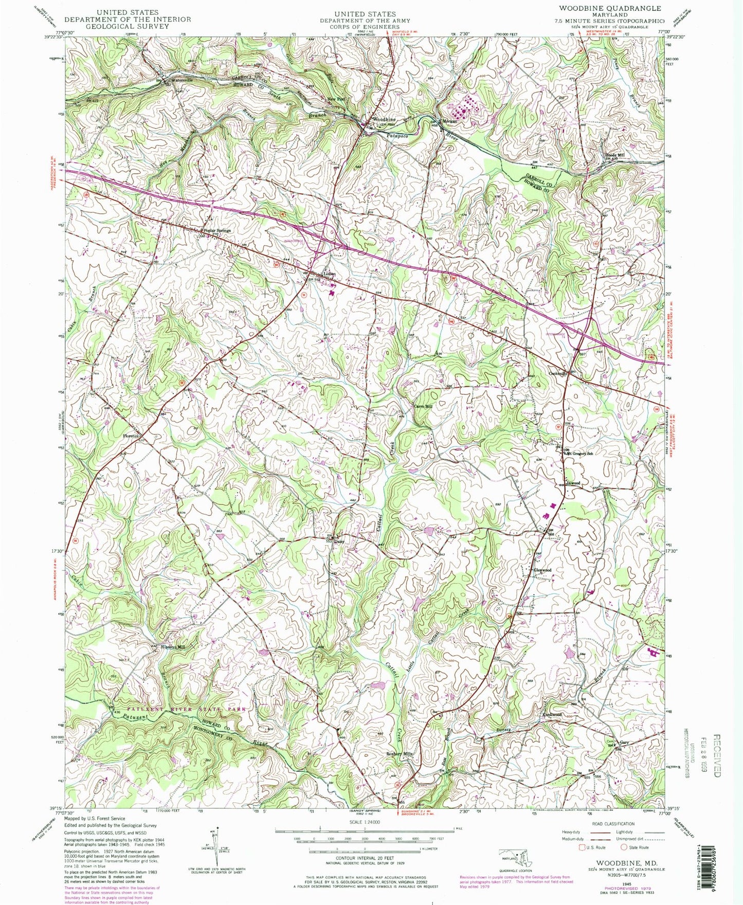 Classic USGS Woodbine Maryland 7.5'x7.5' Topo Map Image