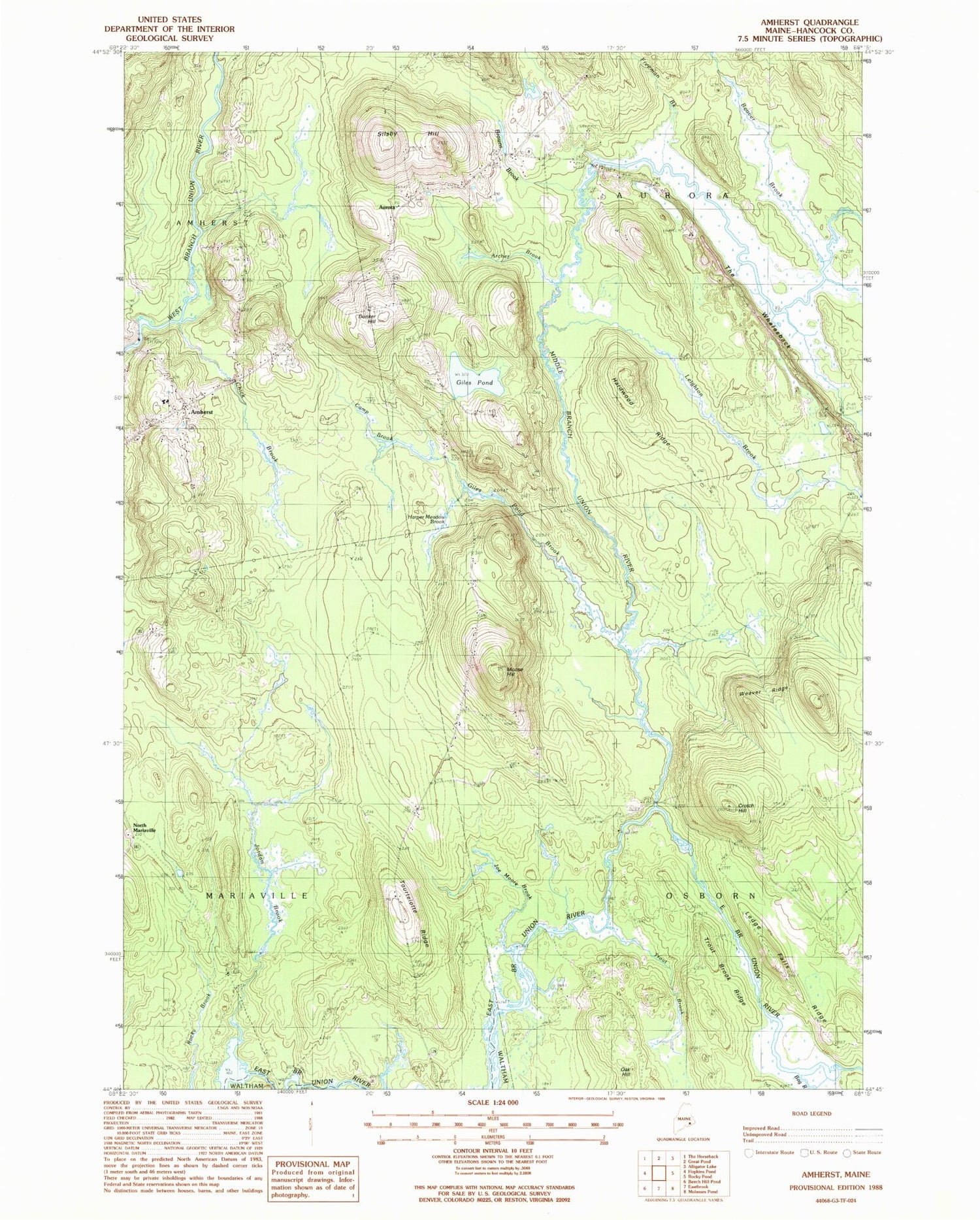 Classic USGS Amherst Maine 7.5'x7.5' Topo Map Image