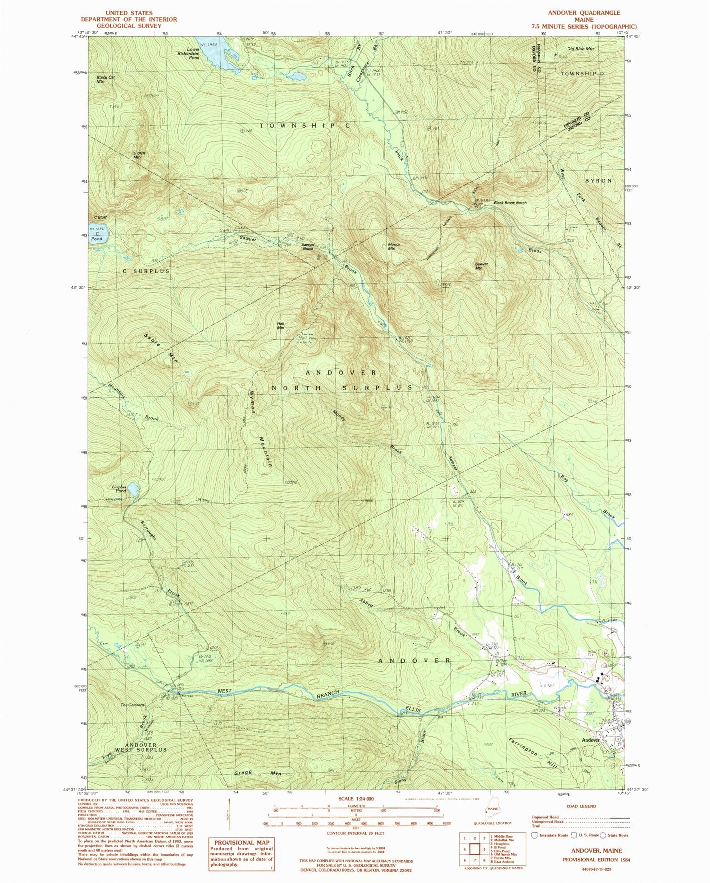 Classic USGS Andover Maine 7.5'x7.5' Topo Map Image