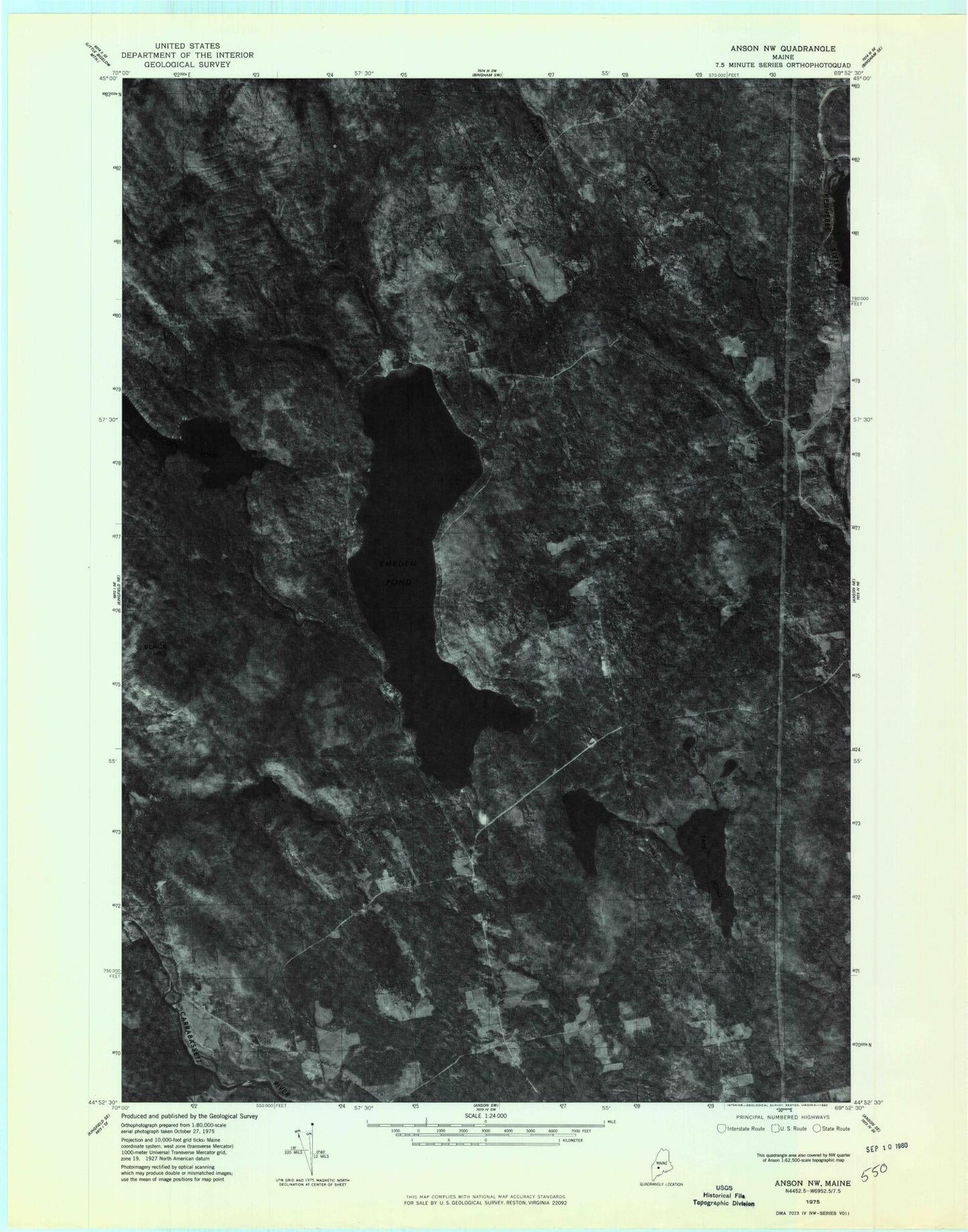 Classic USGS Embden Pond Maine 7.5'x7.5' Topo Map Image