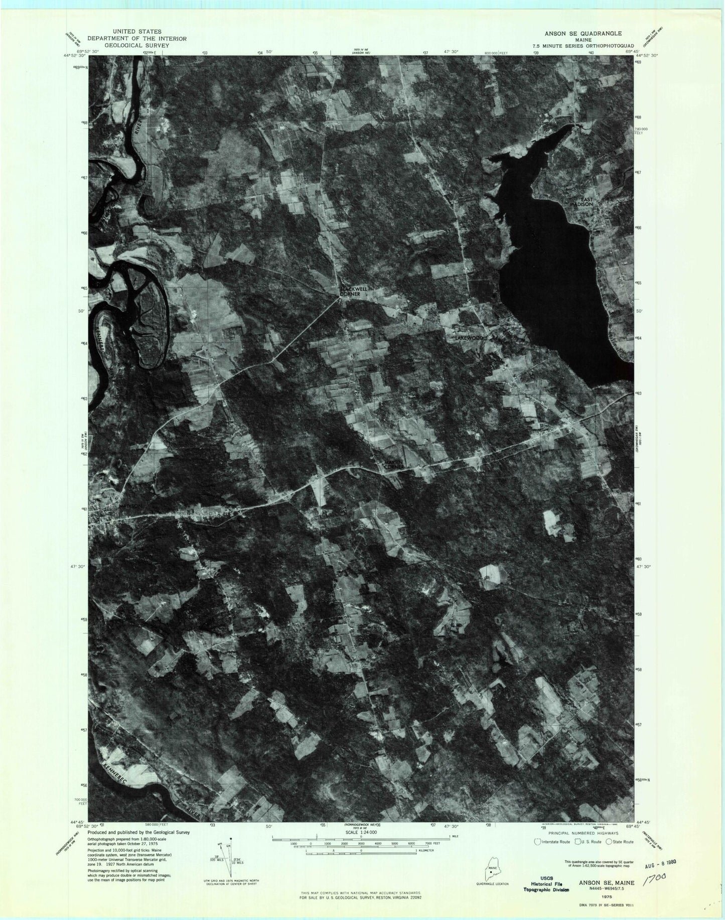 Classic USGS Madison East Maine 7.5'x7.5' Topo Map Image