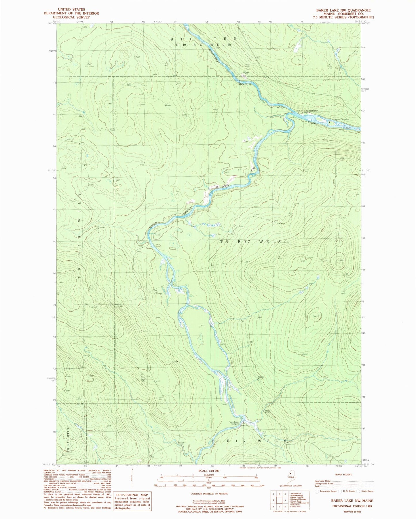 Classic USGS Baker Lake NW Maine 7.5'x7.5' Topo Map Image