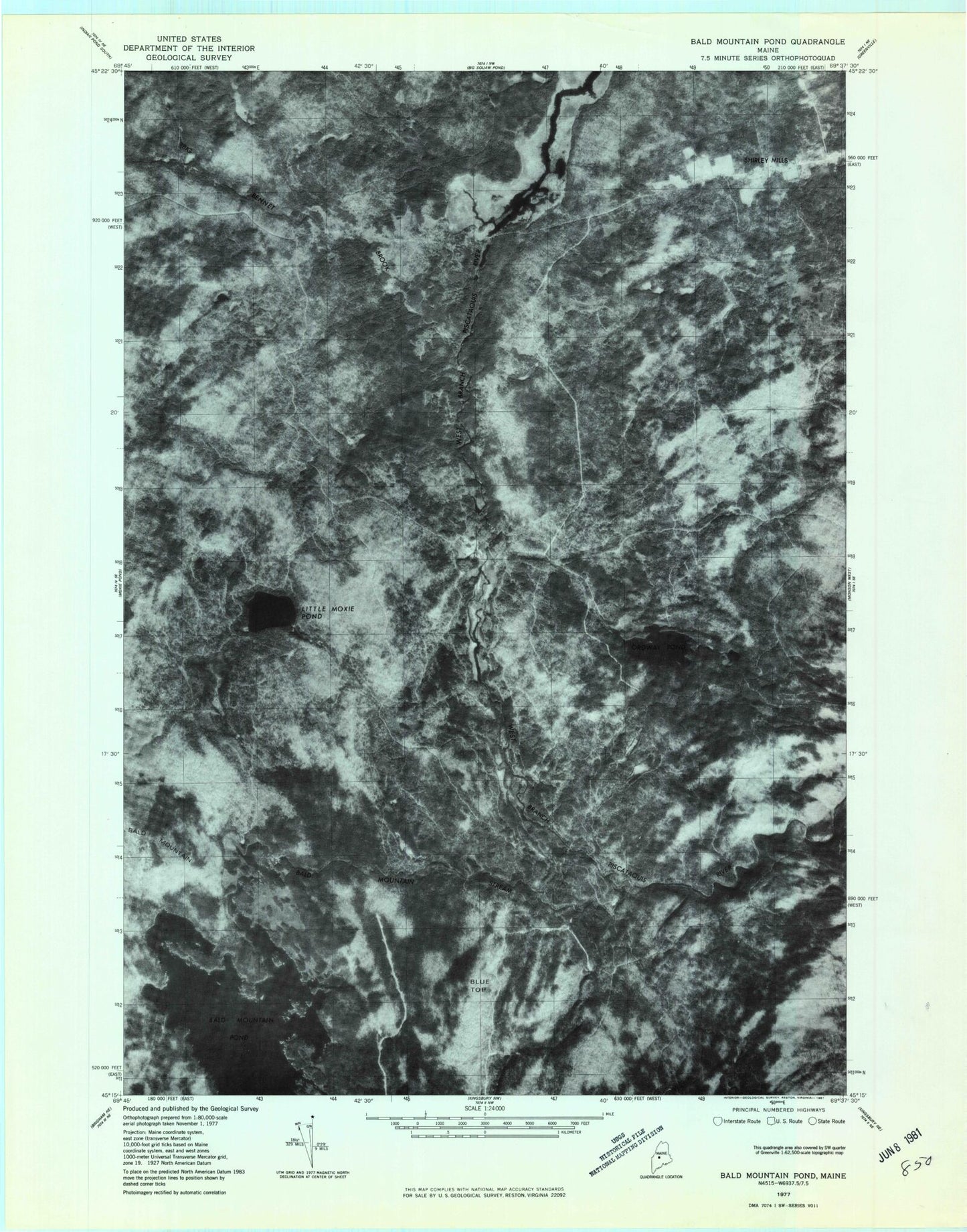 Classic USGS Bald Mountain Pond Maine 7.5'x7.5' Topo Map Image