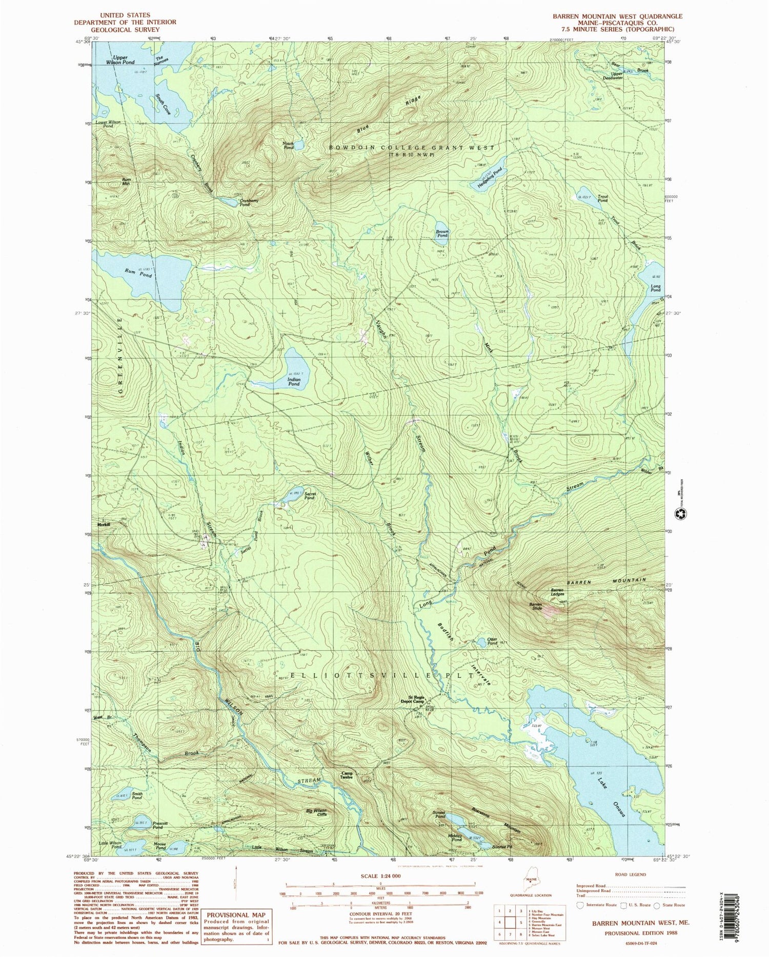 Classic USGS Barren Mountain West Maine 7.5'x7.5' Topo Map Image