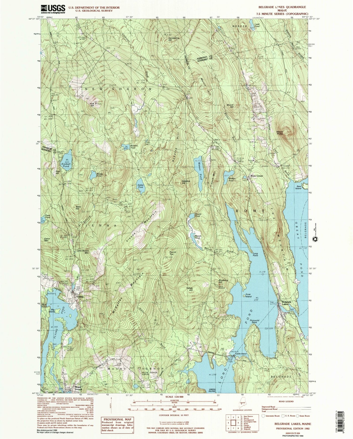 Classic USGS Belgrade Lakes Maine 7.5'x7.5' Topo Map Image