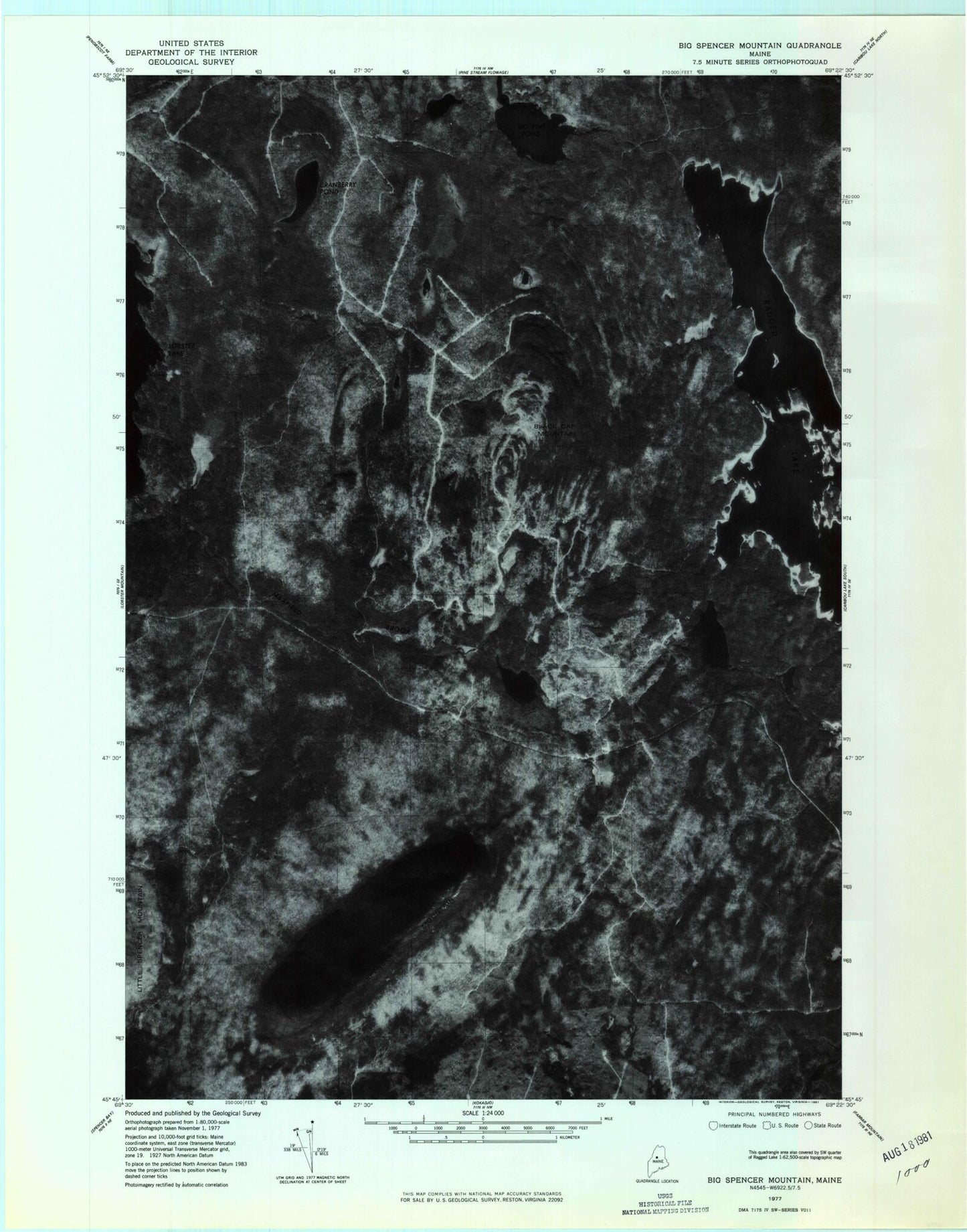 Classic USGS Big Spencer Mountain Maine 7.5'x7.5' Topo Map Image