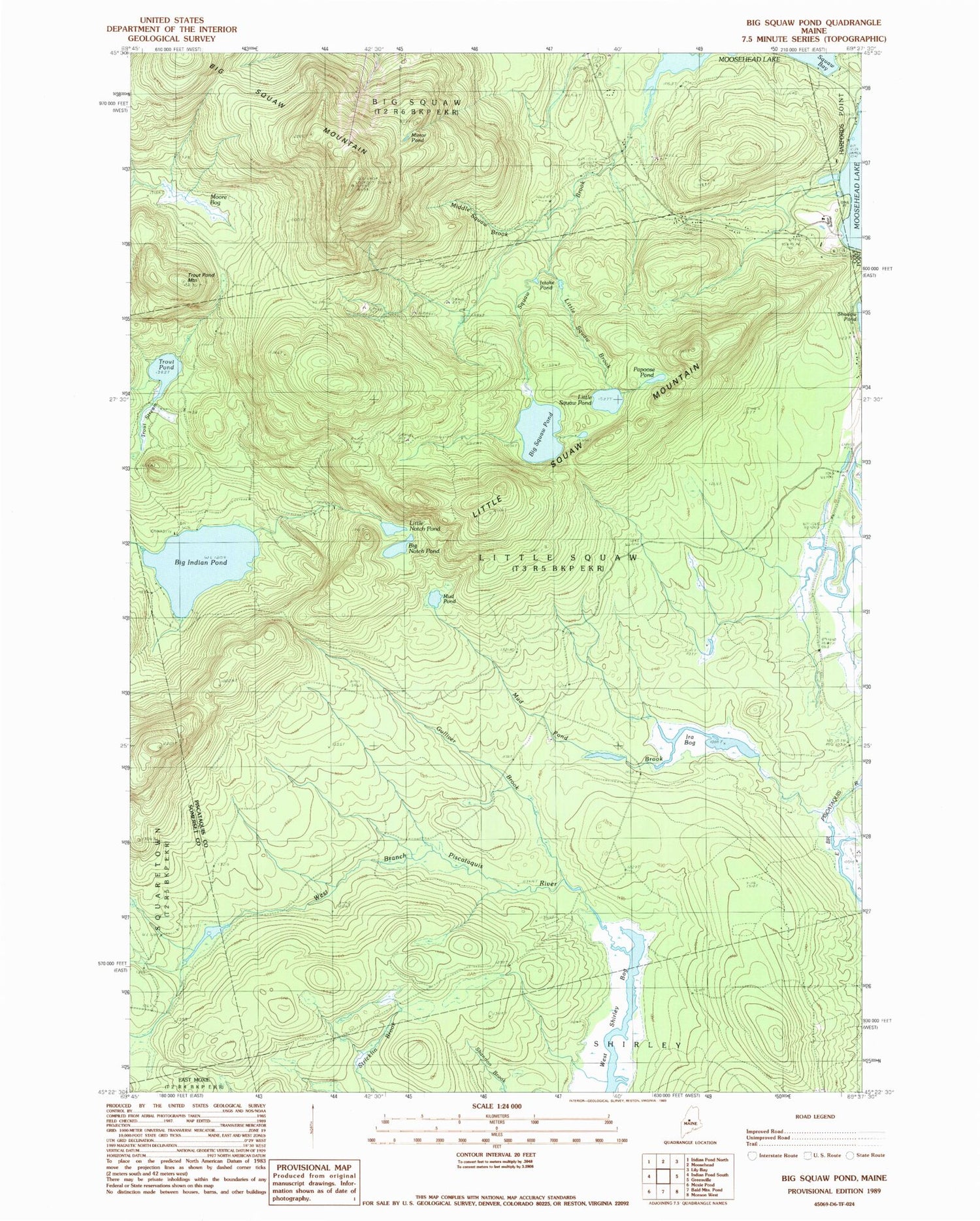Classic USGS Big Moose Pond Maine 7.5'x7.5' Topo Map Image