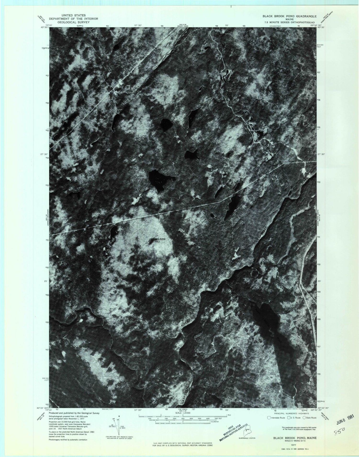 Classic USGS Black Brook Pond Maine 7.5'x7.5' Topo Map Image