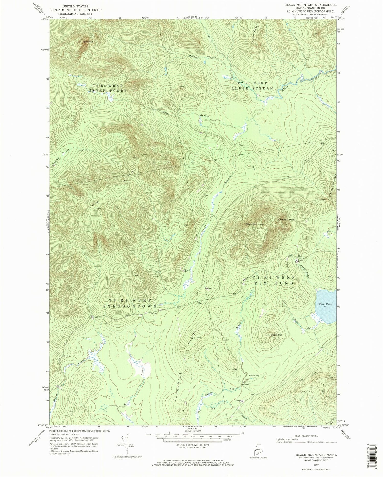 Classic USGS Black Mountain Maine 7.5'x7.5' Topo Map Image