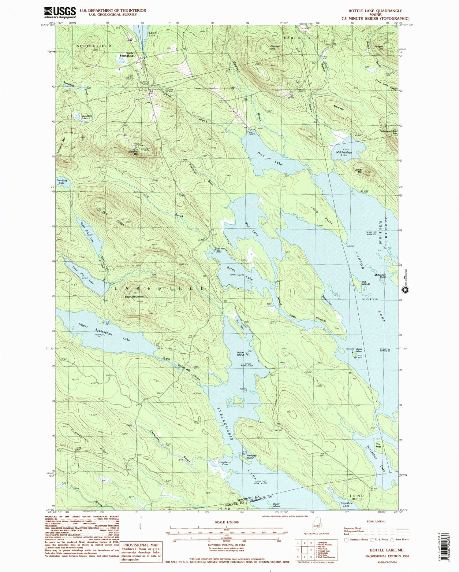Classic USGS Bottle Lake Maine 7.5'x7.5' Topo Map Image
