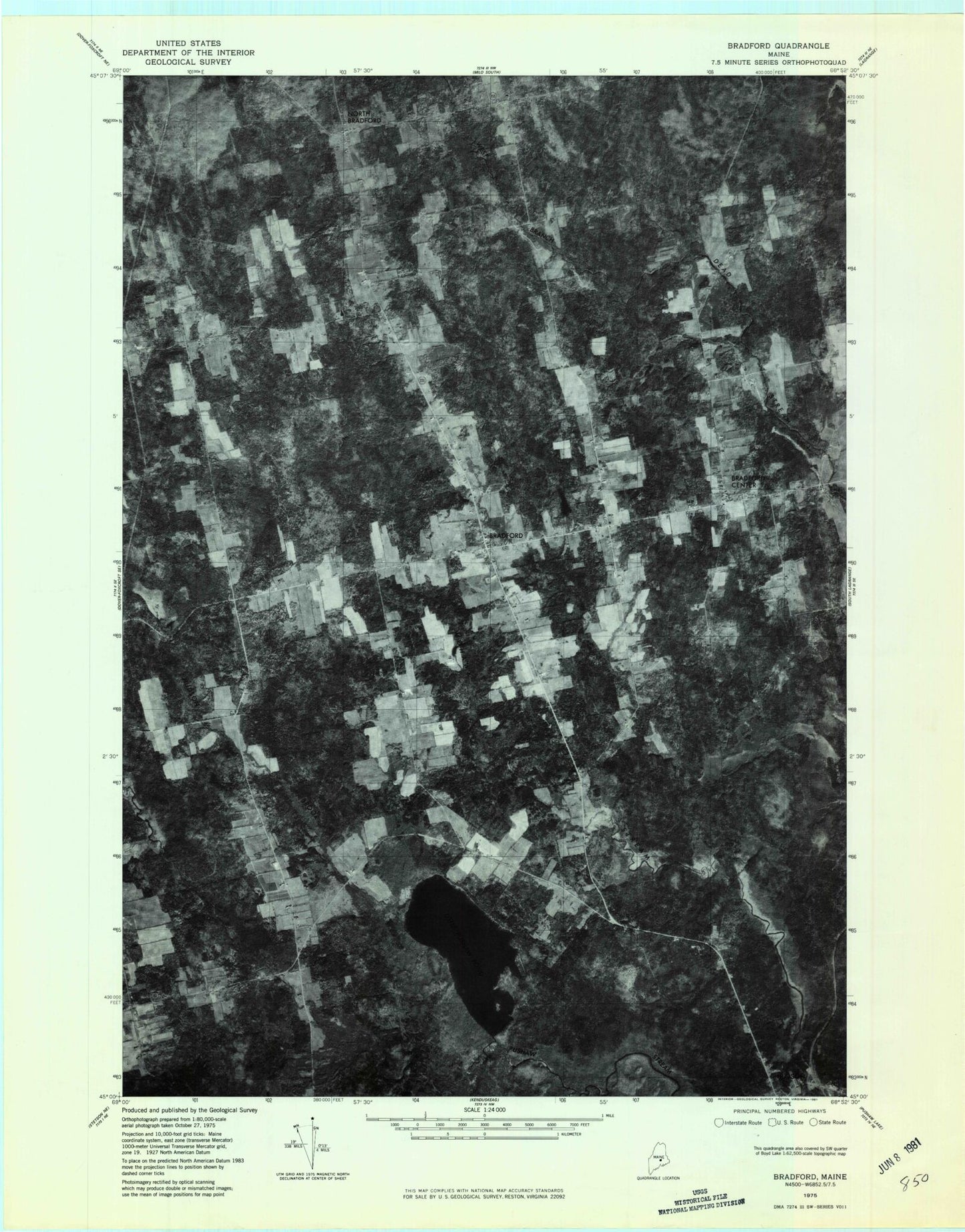 Classic USGS Bradford Maine 7.5'x7.5' Topo Map Image